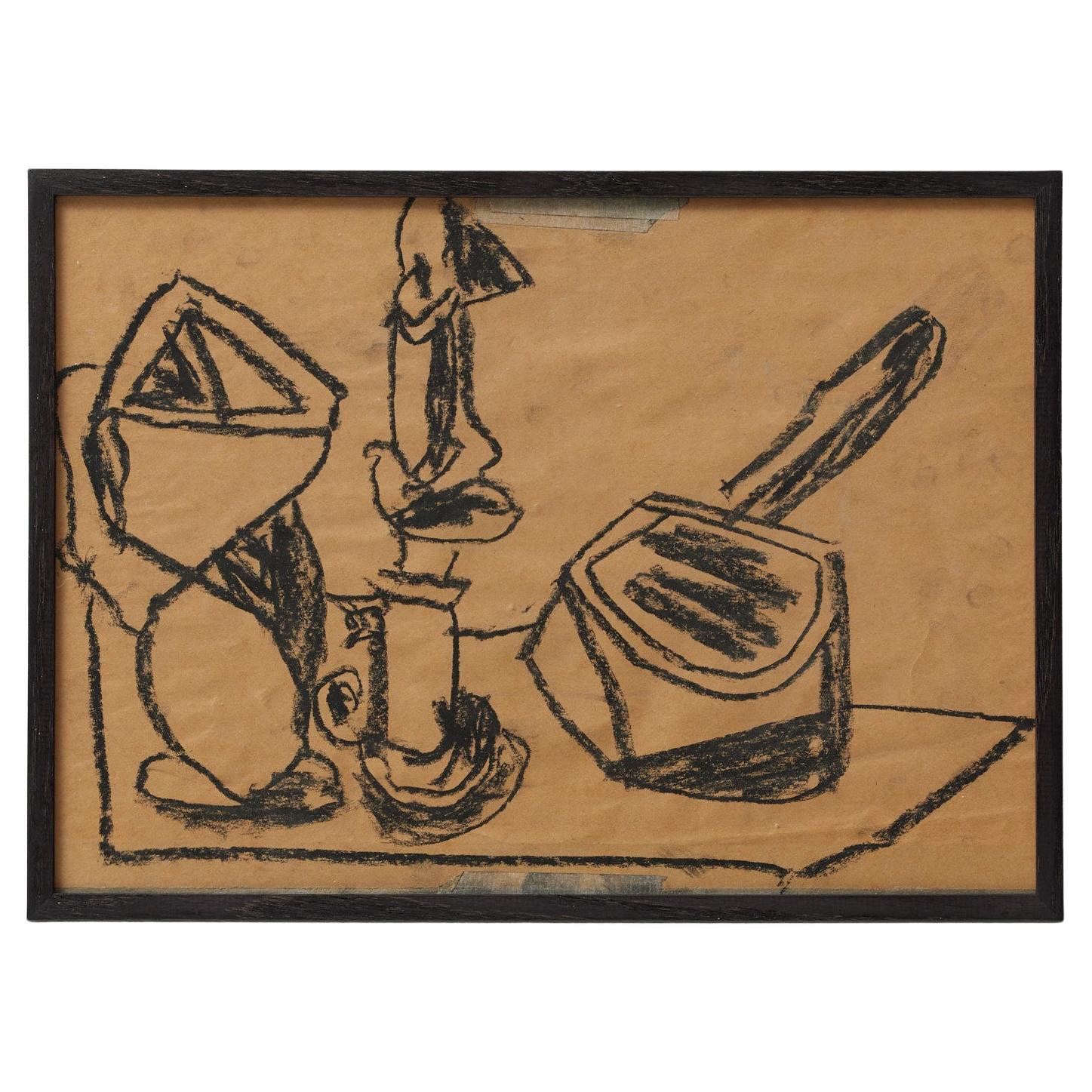 Cubist Still Life Drawing in Black Charcoal by Vastian – Signed & Framed