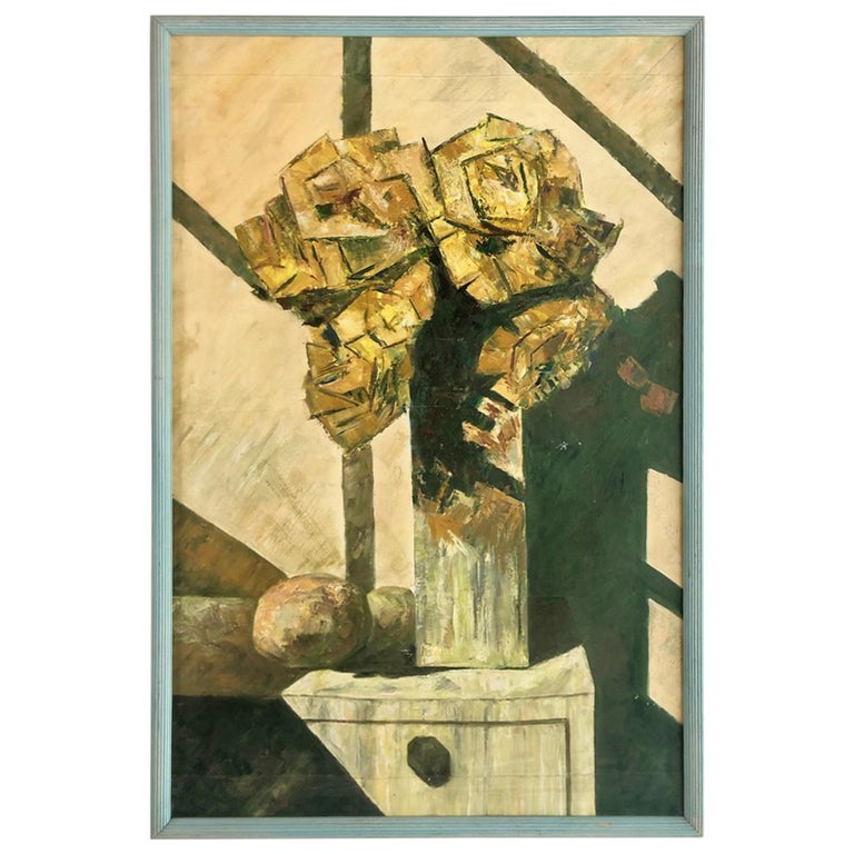 Cubist still-life painting of flowers on a nightstand in a very sturdy rustic wooden frame.
This piece is unsigned.
      