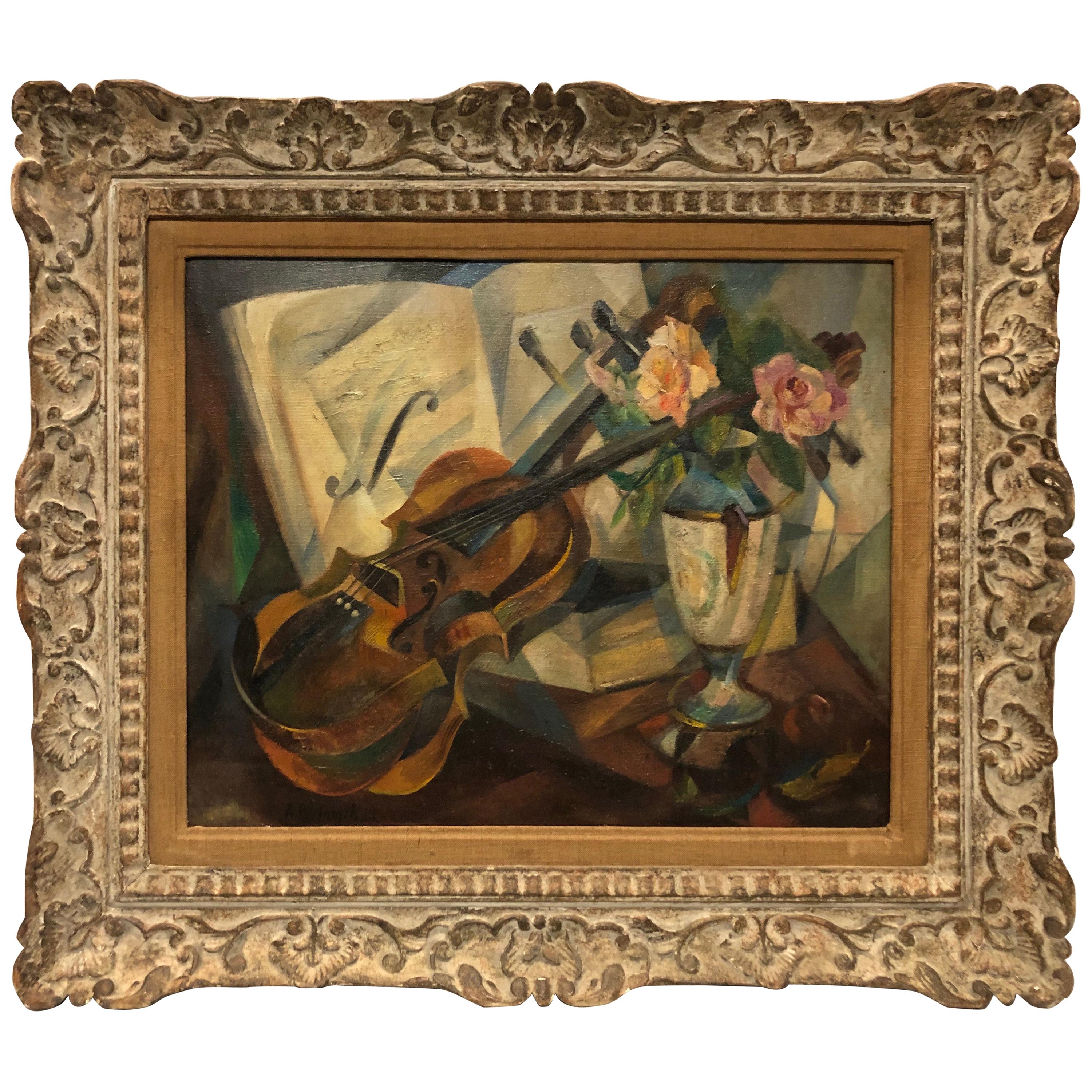 Cubist Still Life "Violin" by Agnes Weinrich, Signed, Dated 1922