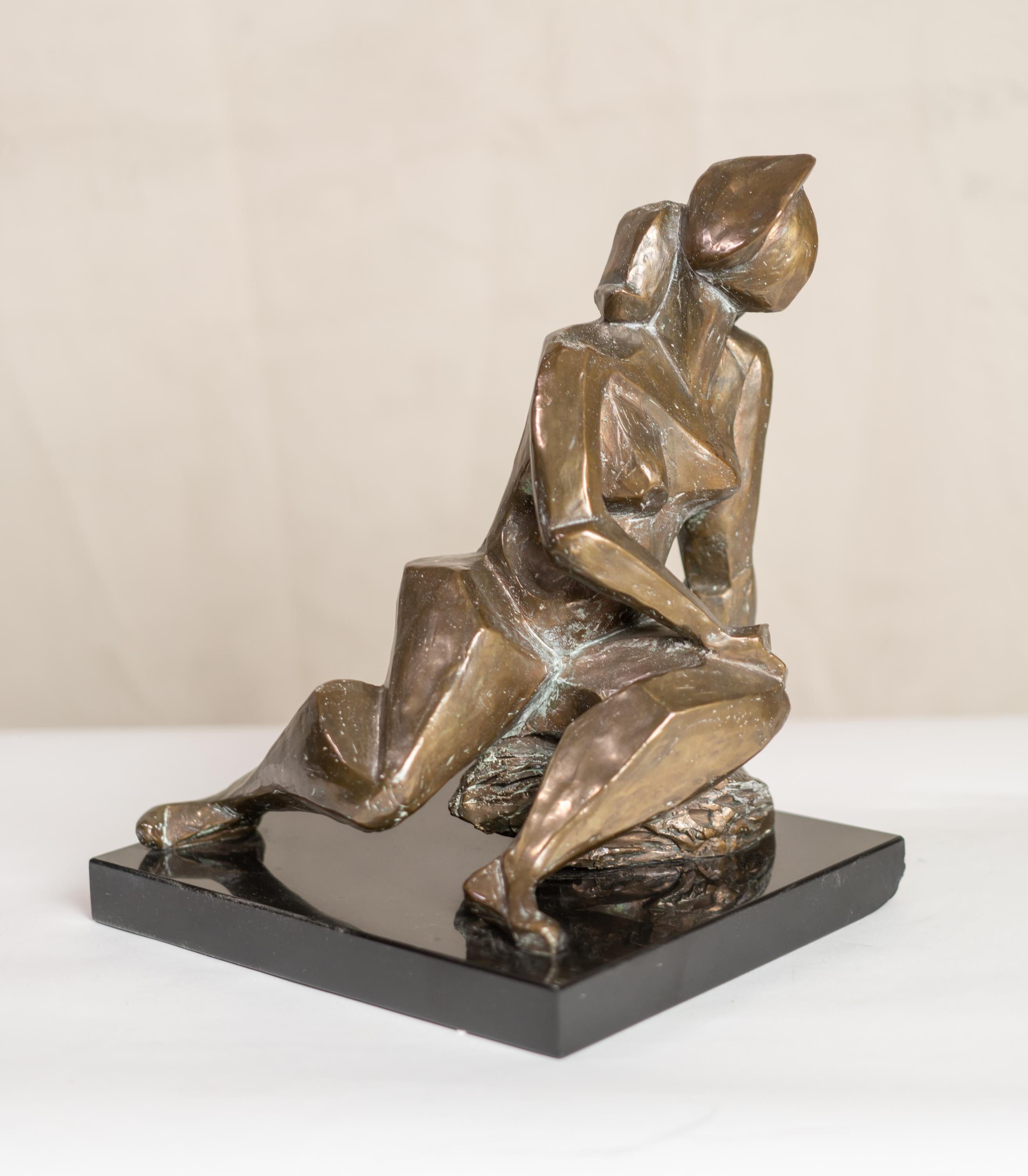 Cubist style bronze sitting woman by Caroline Newhouse. Signed: 