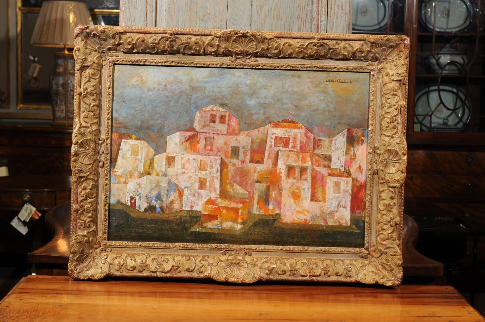 The Cubist style oil on canvas painting with architectural scene in orange, white and blue hues. The giltwood frame is from the 19th century. 

  