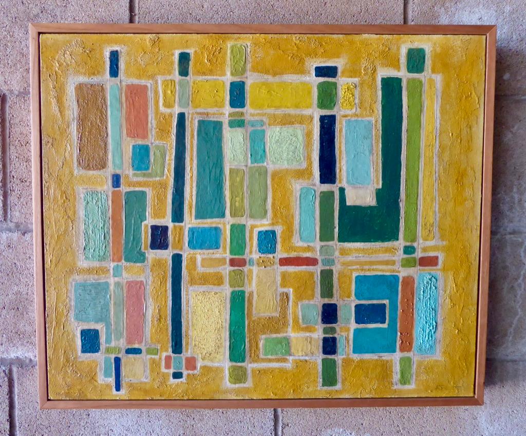 A Cubist style mixed-media painting by contemporary American (California) artist Angie Dickerson-Lee. The artist has used deliberately off-color and disparate hues to create a loosely cubist artwork that is presented on an intense yellow background.