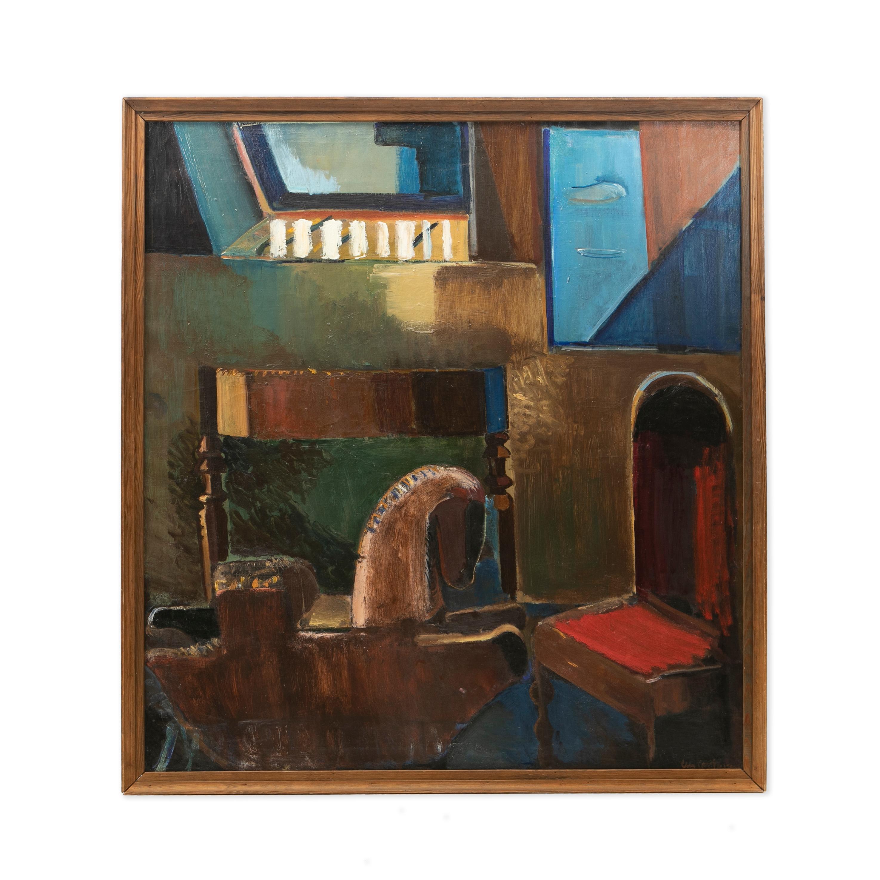 Ebba Carstensen, Danish 1885-1967

Cubist style painting of studio set-up, Denmark, c. 1920.

Oil painting on canvas, framed in pine wood frame.
Canvas size: 122 x 114 cm / 48 x 44,9 inch.
Signed: Ebba Carstensen.