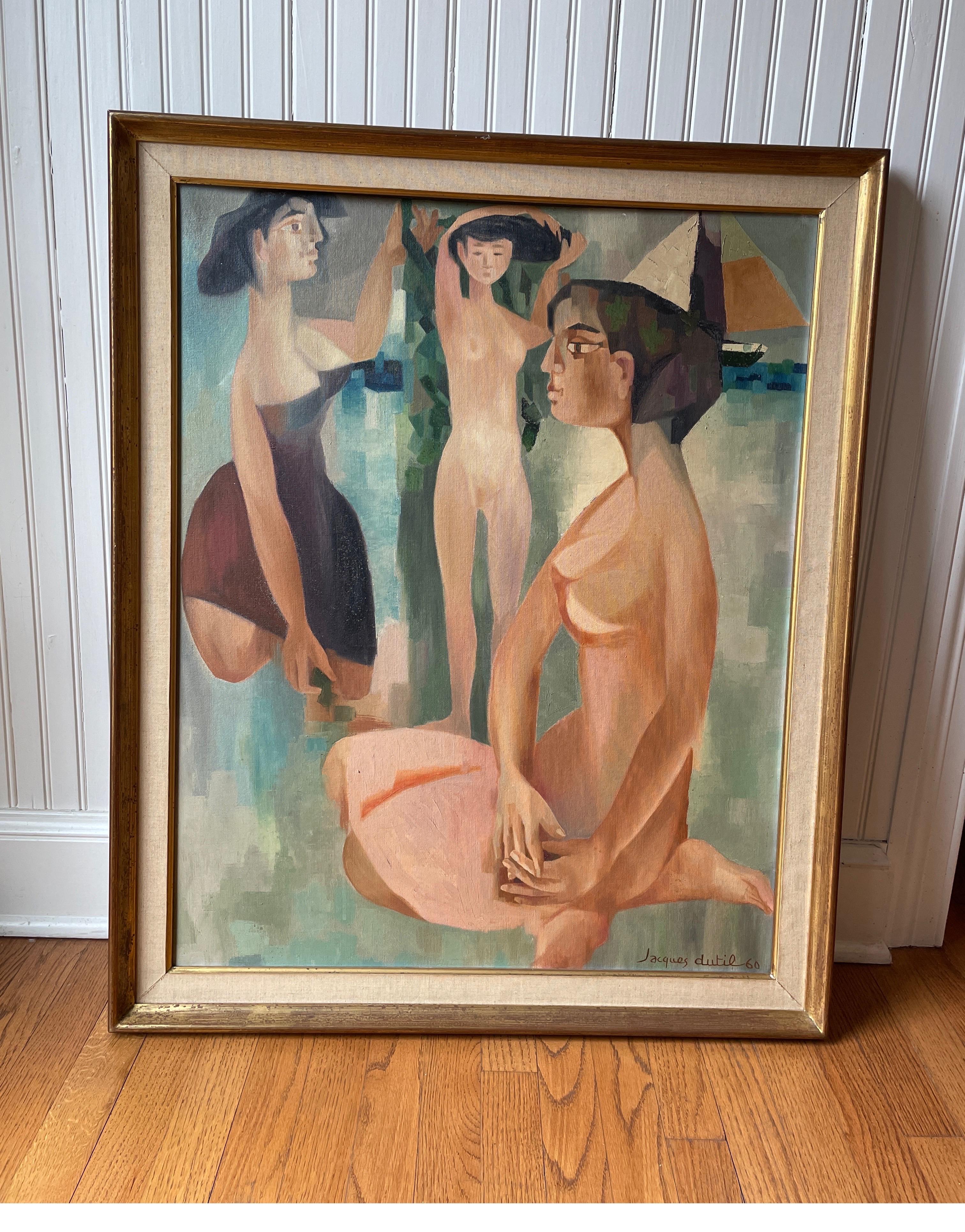 A cubist style oil painting on canvas of 3 women by French artist Jacque Dutil.