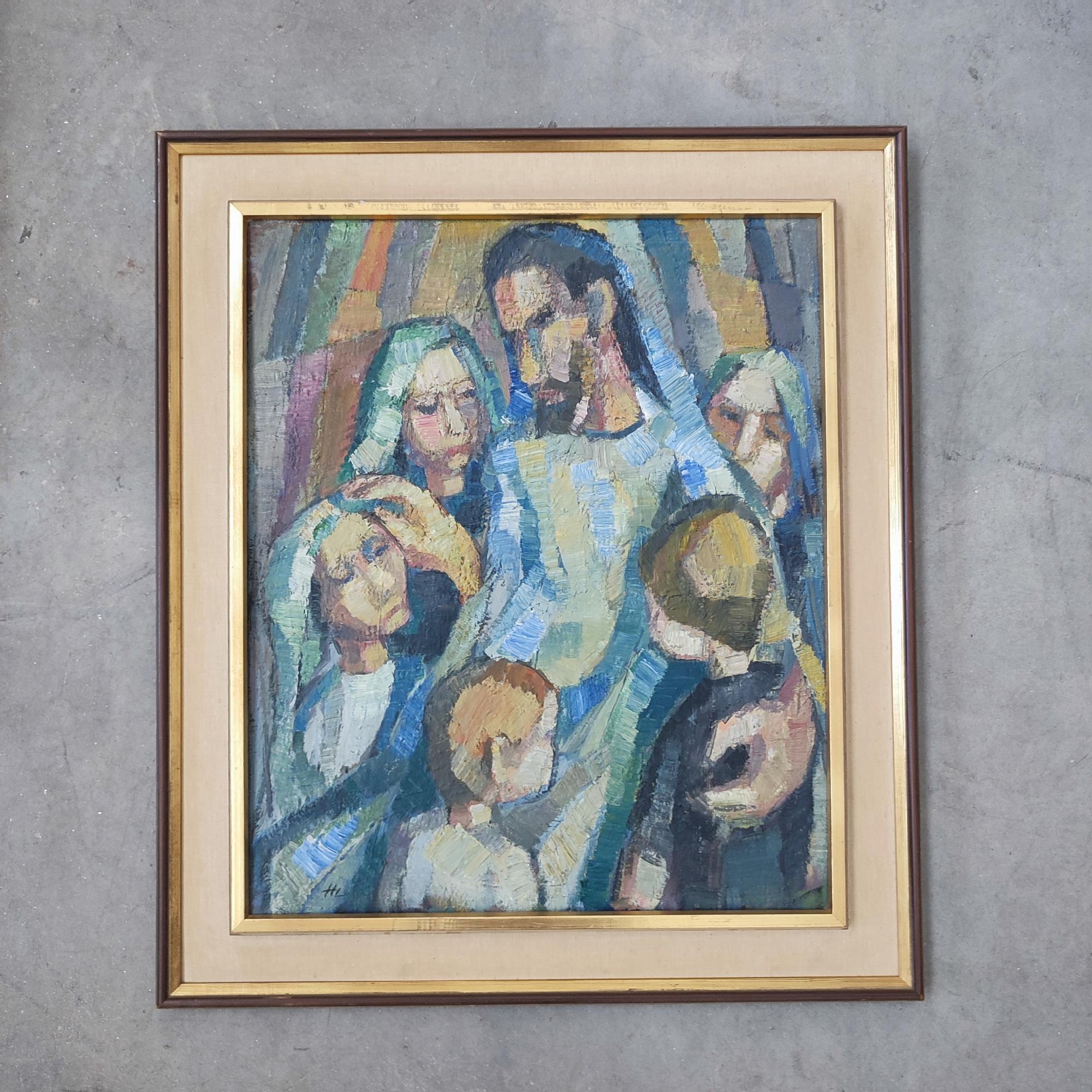 Kubistisches Gemälde, Öl auf Karton, Familienereignis, 1960er Jahre (Moderne der Mitte des Jahrhunderts) im Angebot