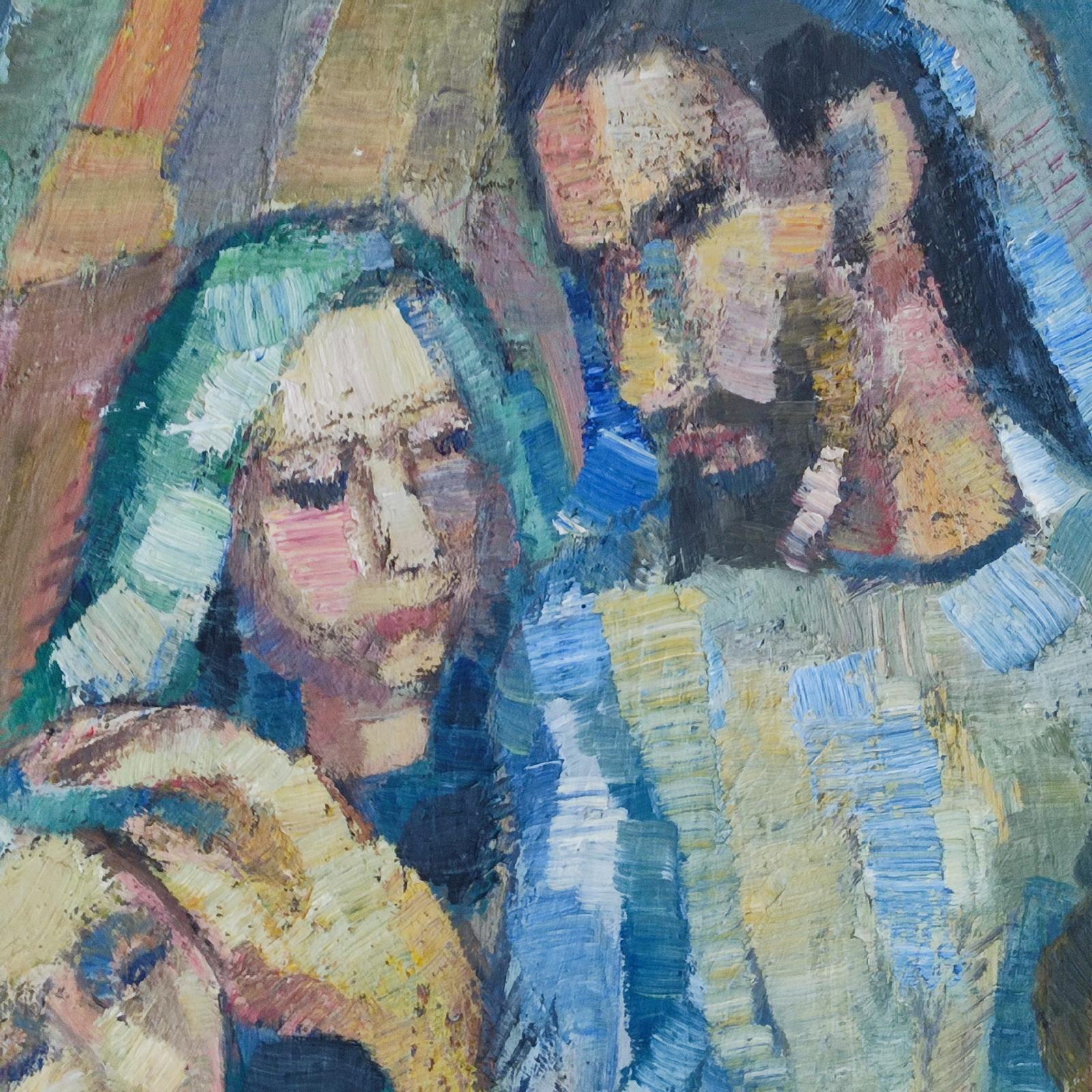 Cubist Style Painting Oil on Board, Family Moment, 1960s In Good Condition For Sale In Bochum, NRW
