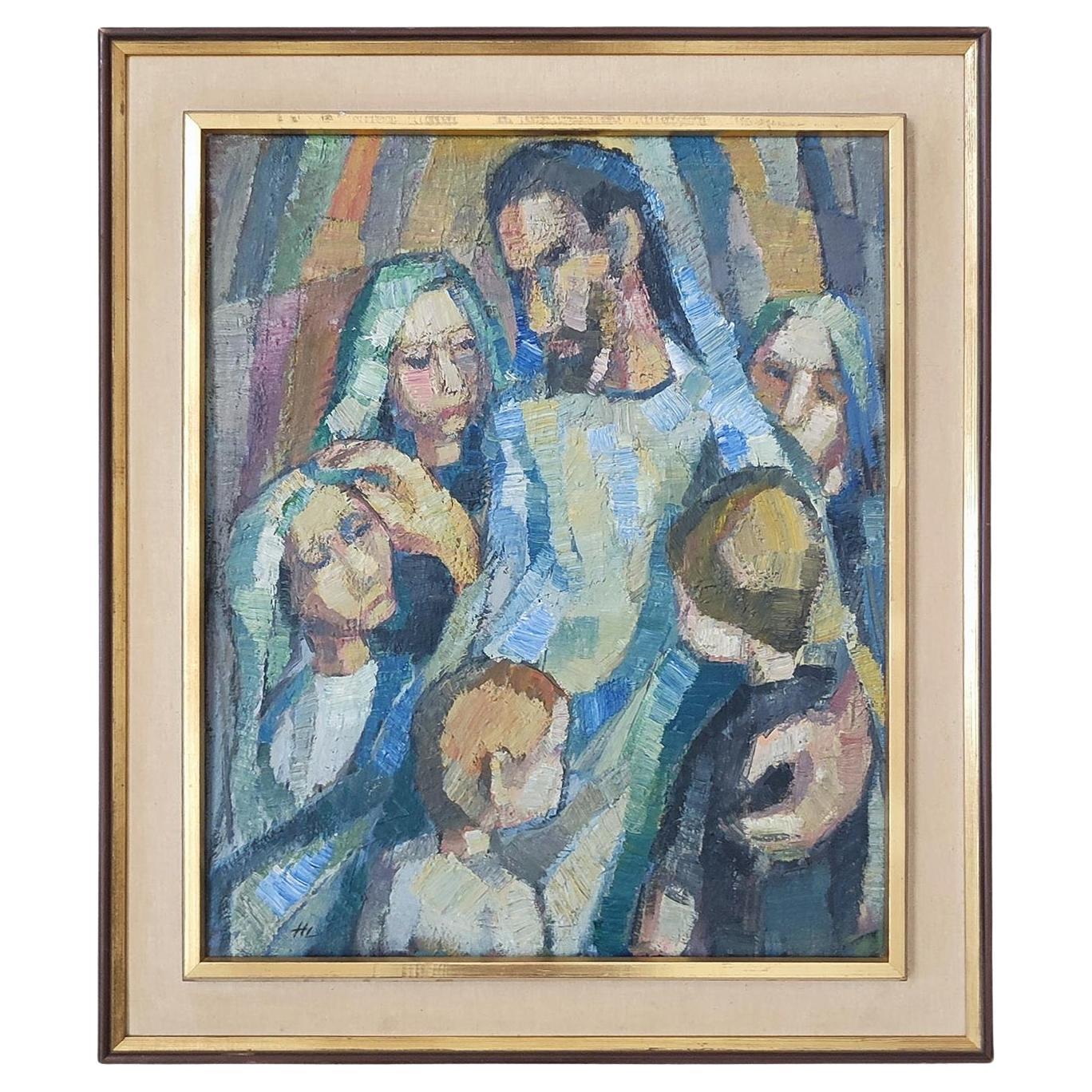 Peinture à l'huile sur panneau de style cubiste, moment de famille, années 1960