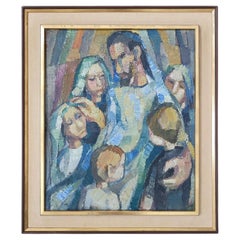 Cubist Style Painting Oil on Board, Family Moment, 1960s