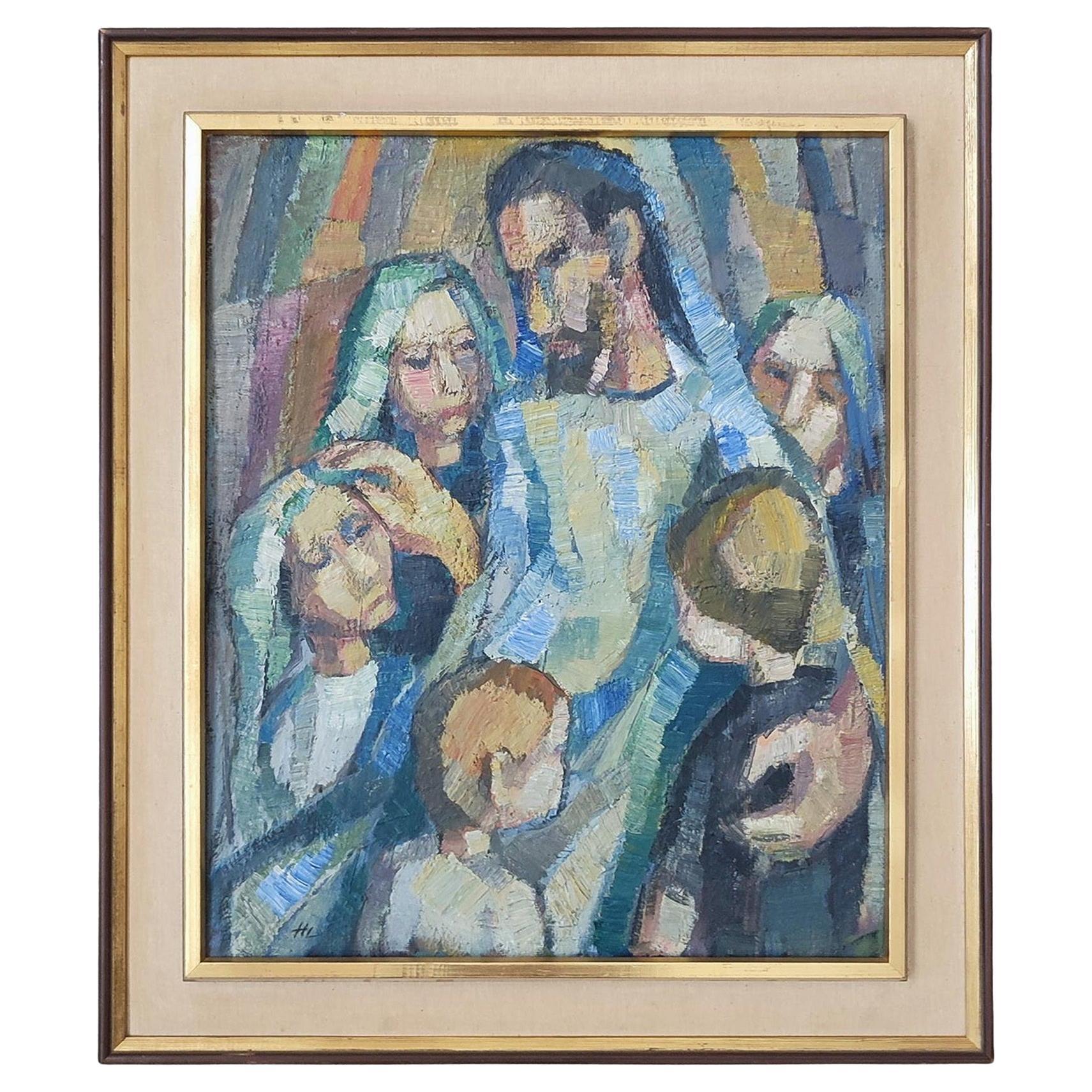 Kubistisches Gemälde, Öl auf Karton, Familienereignis, 1960er Jahre