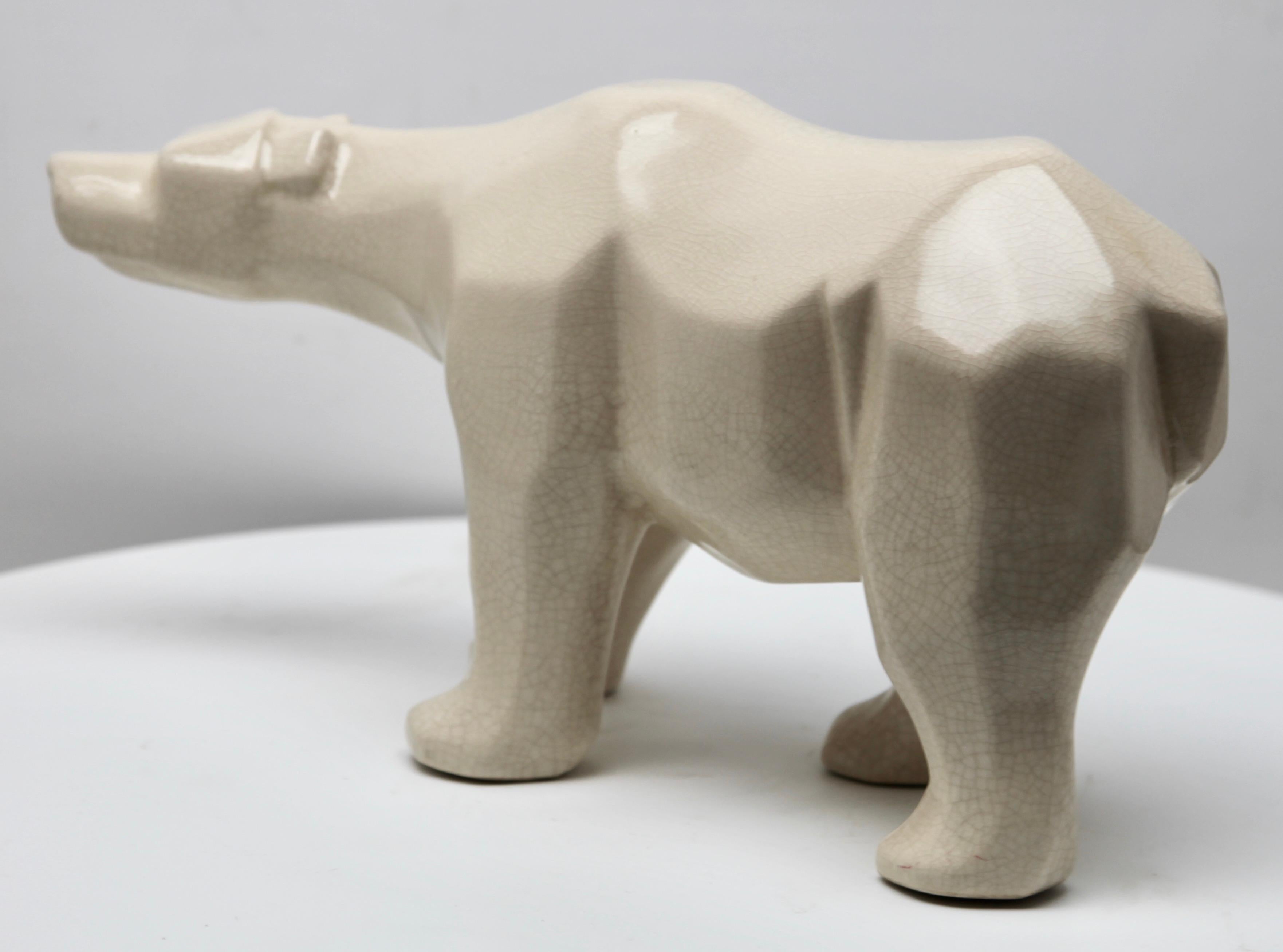 French Cubist Style Polar Bear Whit a Crackle Glaze Ceramic Finish, Stamp L&V Ceram For Sale