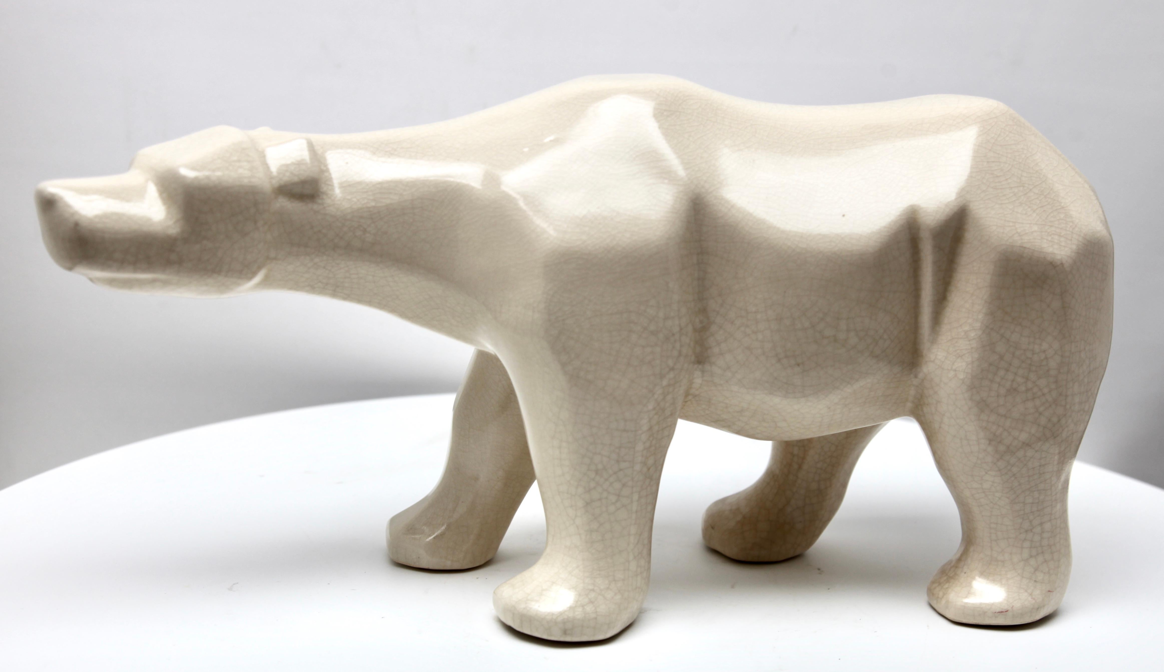Glazed Cubist Style Polar Bear Whit a Crackle Glaze Ceramic Finish, Stamp L&V Ceram For Sale