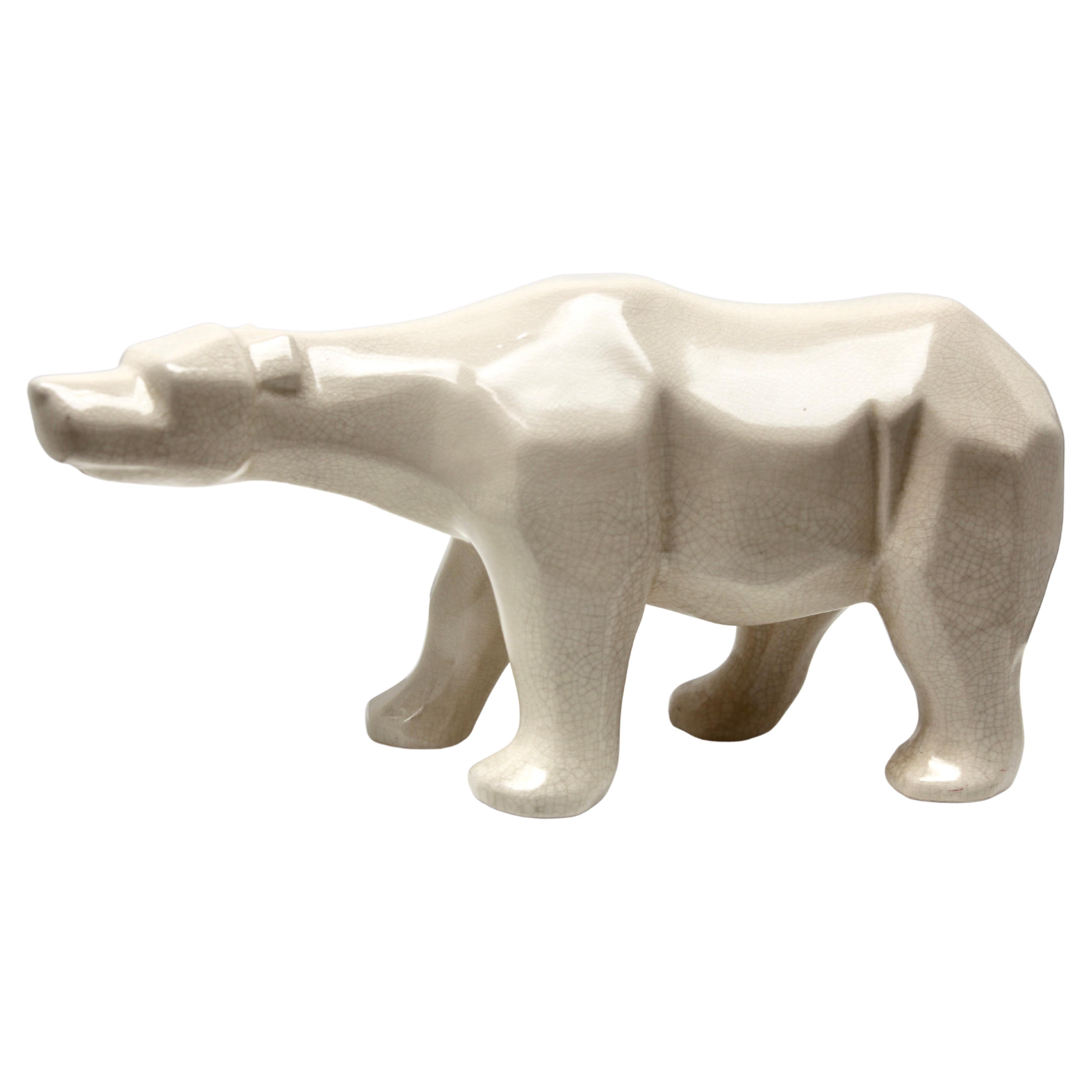 Cubist Style Polar Bear Whit a Crackle Glaze Ceramic Finish, Stamp L&V Ceram