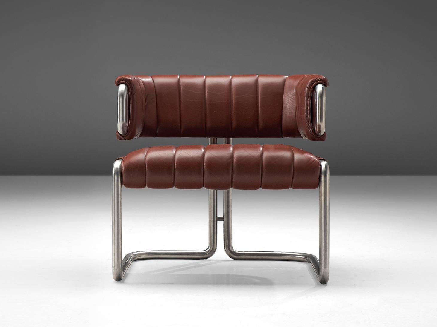 German Cubist Tubular Lounge Chair in Red Leather