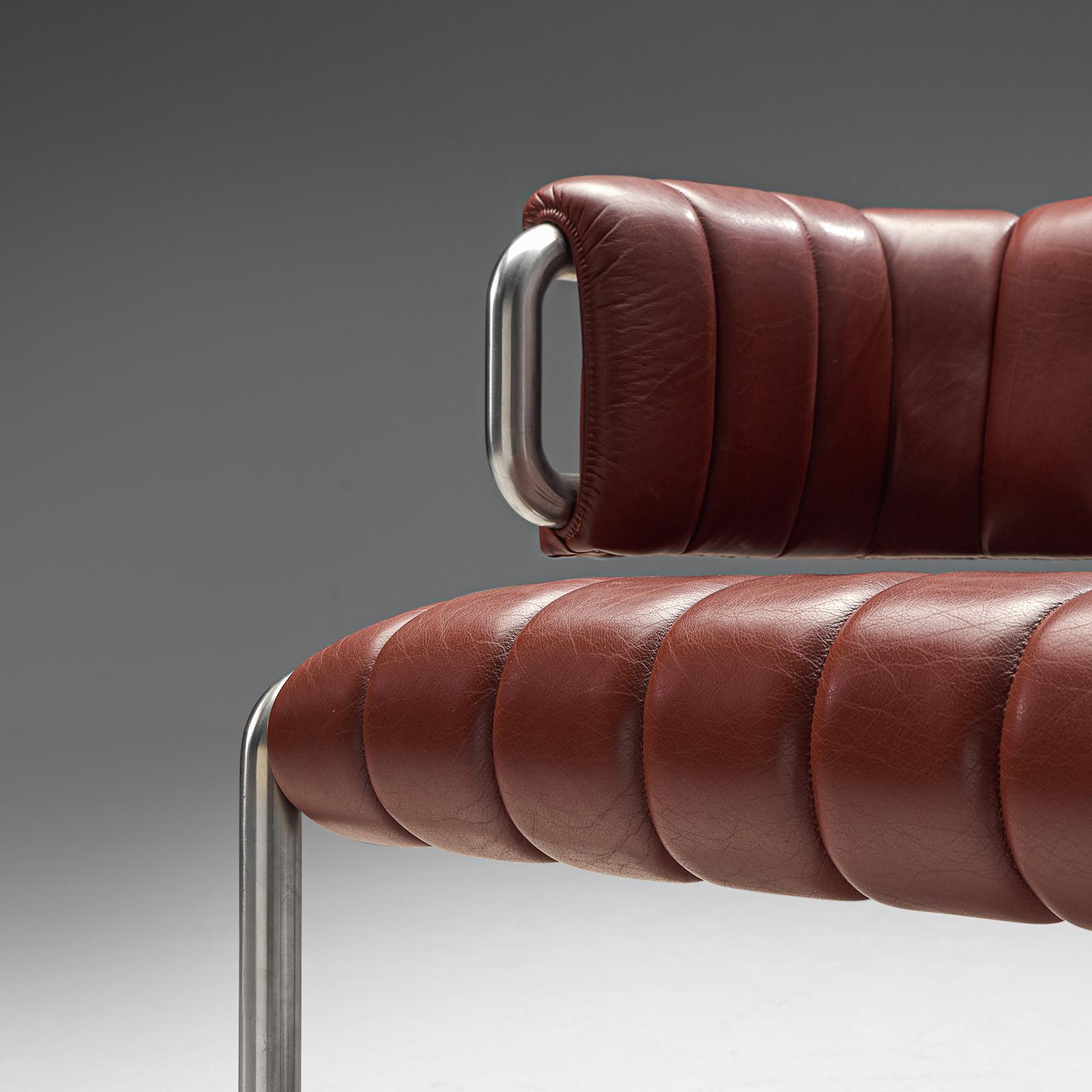 Cubist Tubular Lounge Chair in Red Leather 2