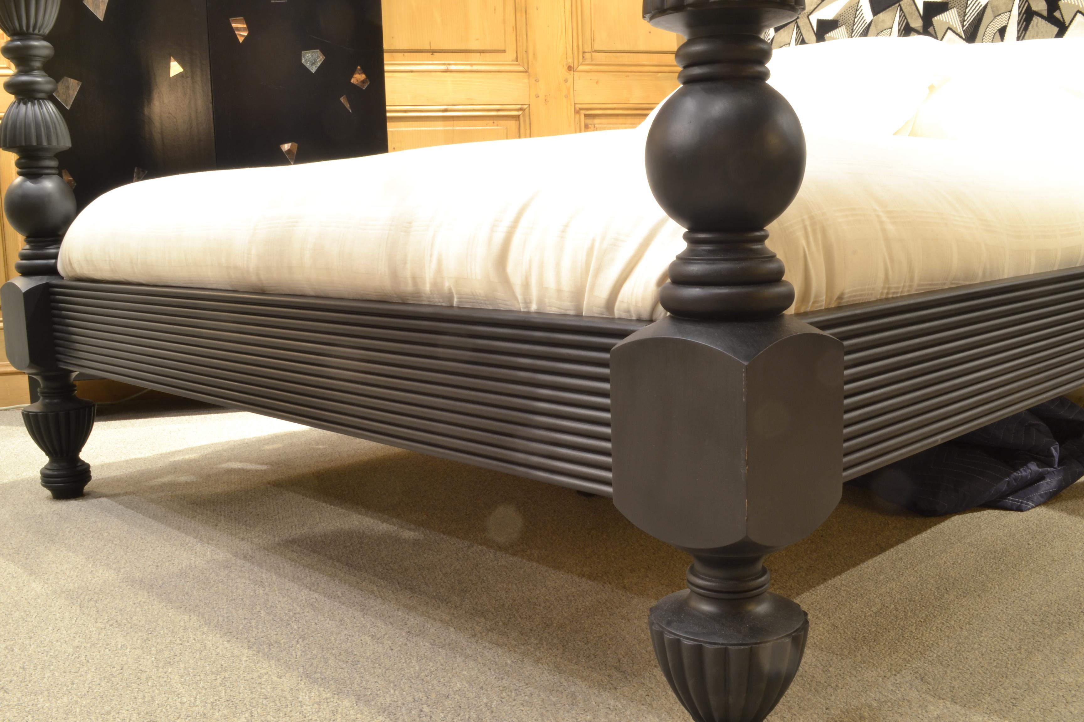 Carved Cubist Upholstery Ebony Brighton Bedframe with Palm Tree Finials
