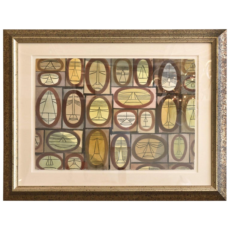 Cubist Watercolor by William Henry Mid-Century Modern Custom Framed For Sale