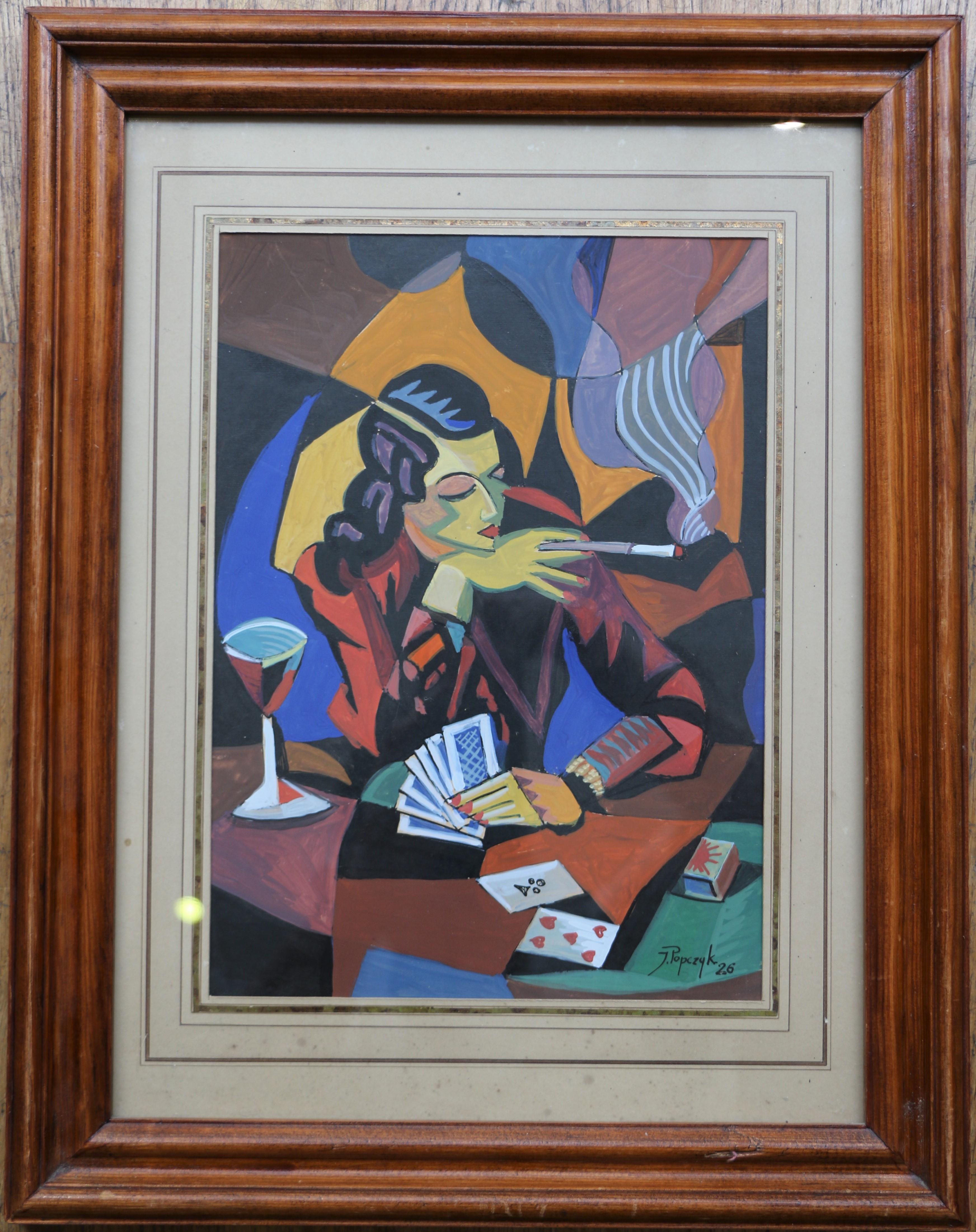 A beautiful cubist watercolor on paper by Jozef Popczyk showing a woman playing cards. It is signed and dated 1926 at the bottom right. Framed.
Dimensions: at sight without frame 29.5 x 21 cm; With frame: 46.5 x 36cm.