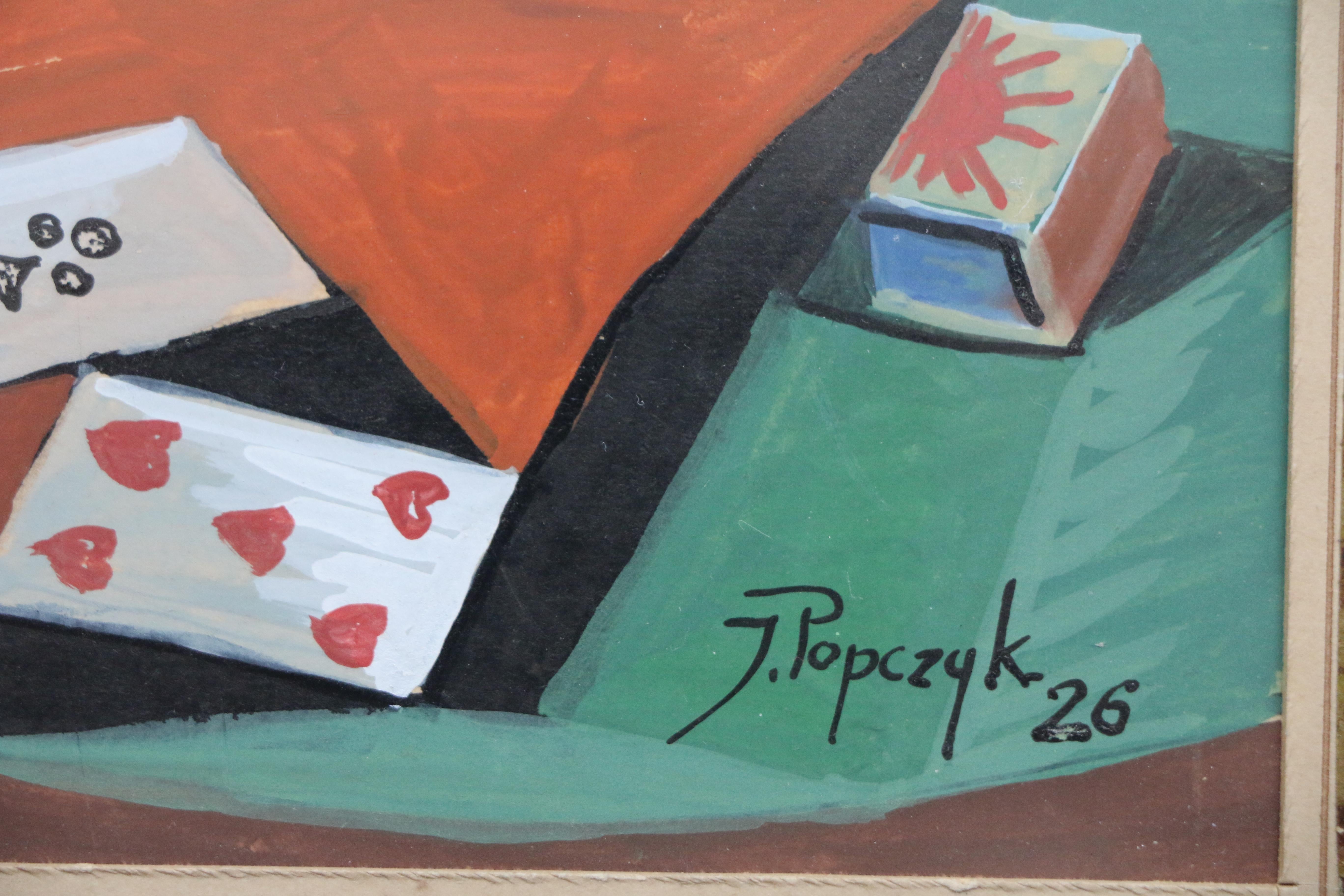 French Cubist Watercolor, the Card Player, by Jozef Popczyk, 1926