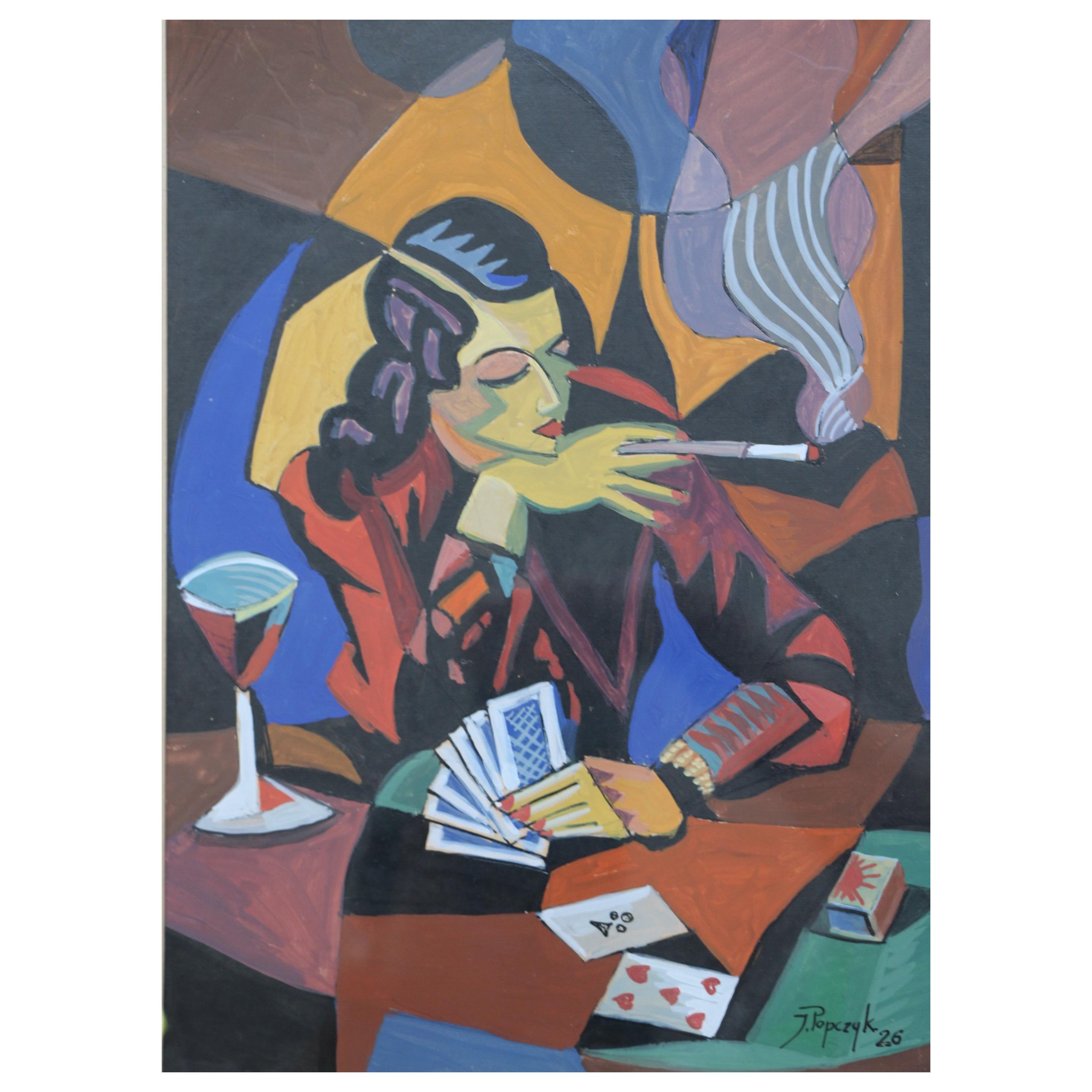 Cubist Watercolor, the Card Player, by Jozef Popczyk, 1926