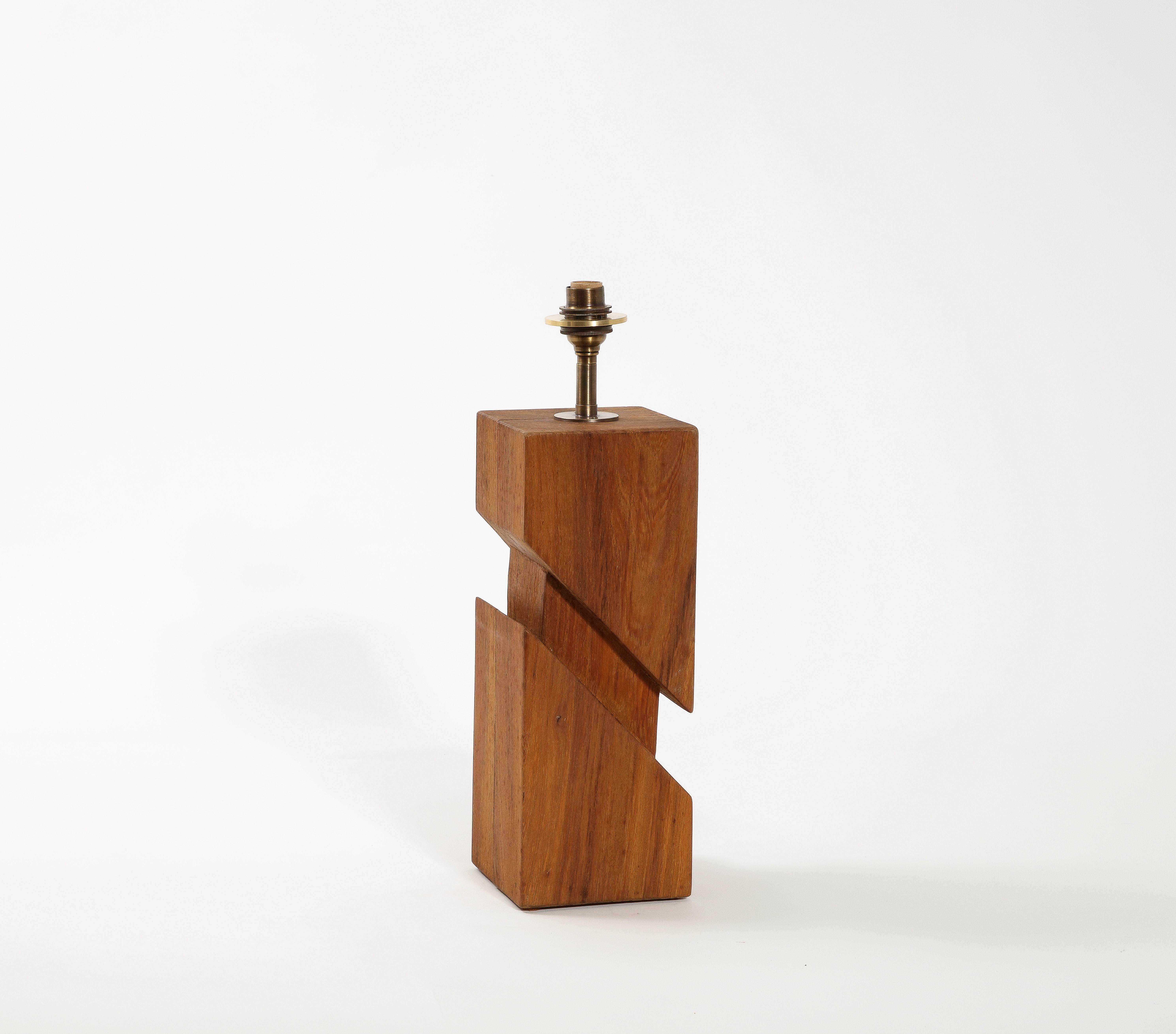Mid-Century Modern Cubist Wood Lamp, France 1960's For Sale