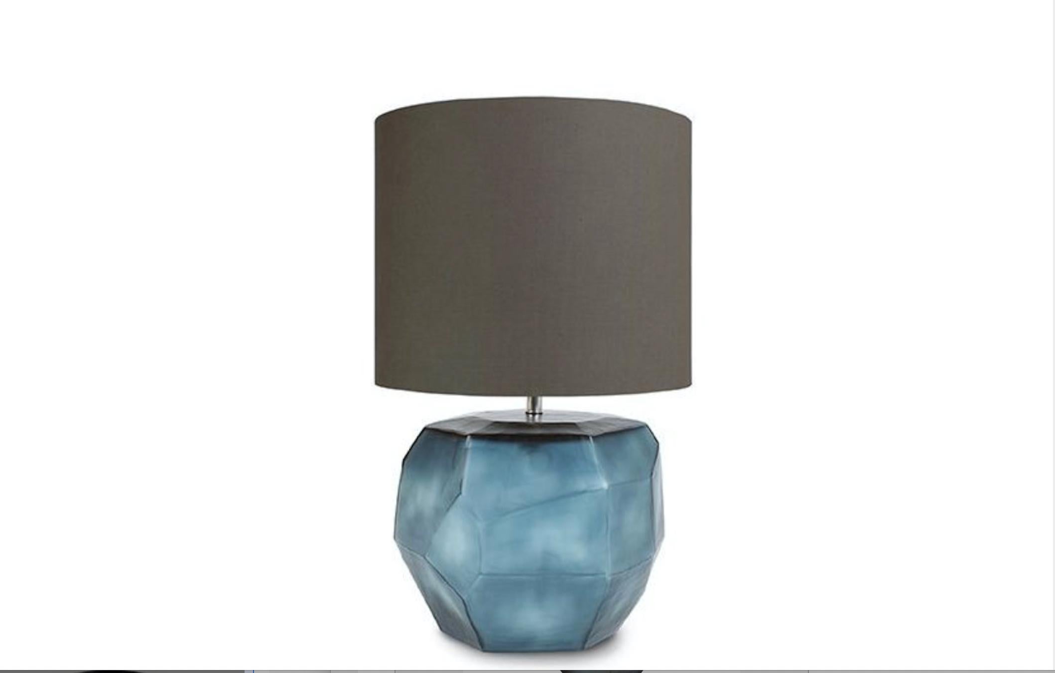 Contemporary hand blown  hand finished, cut and polished glass lighting . Table lamp cubistic round ocean blue / indigo. Modern lines and corners are softened and given a more organic, rounded shape. The Minimalist shade emphasizes the delicate