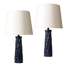 Vintage Cubistic Table Lamps with Faceted Reliefs Designed by Leon Galleto for Saxbo