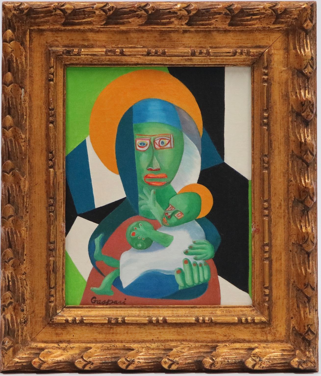 Cubist oil painting of the Madonna in giltwood frame. The figures are painted in bright shades of blue, green and orange. Signed in the bottom corner 'Gaspari.' Wear appropriate to age and use. The painting remains in very good condition. 

Noted