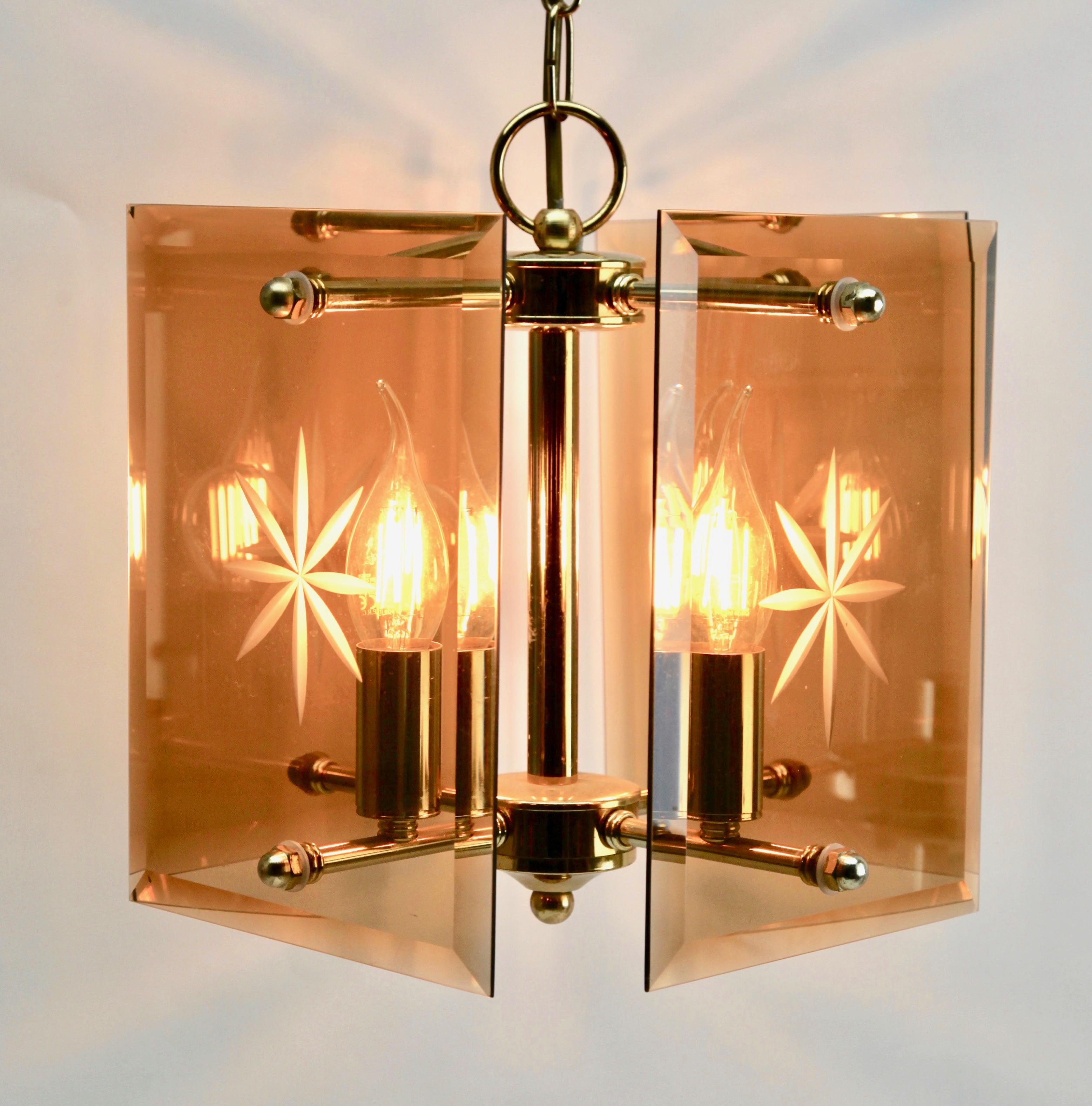 Cuboid Ceiling Center-Light with 4 Lamps Behind Bronzed Glass Panels For Sale 4