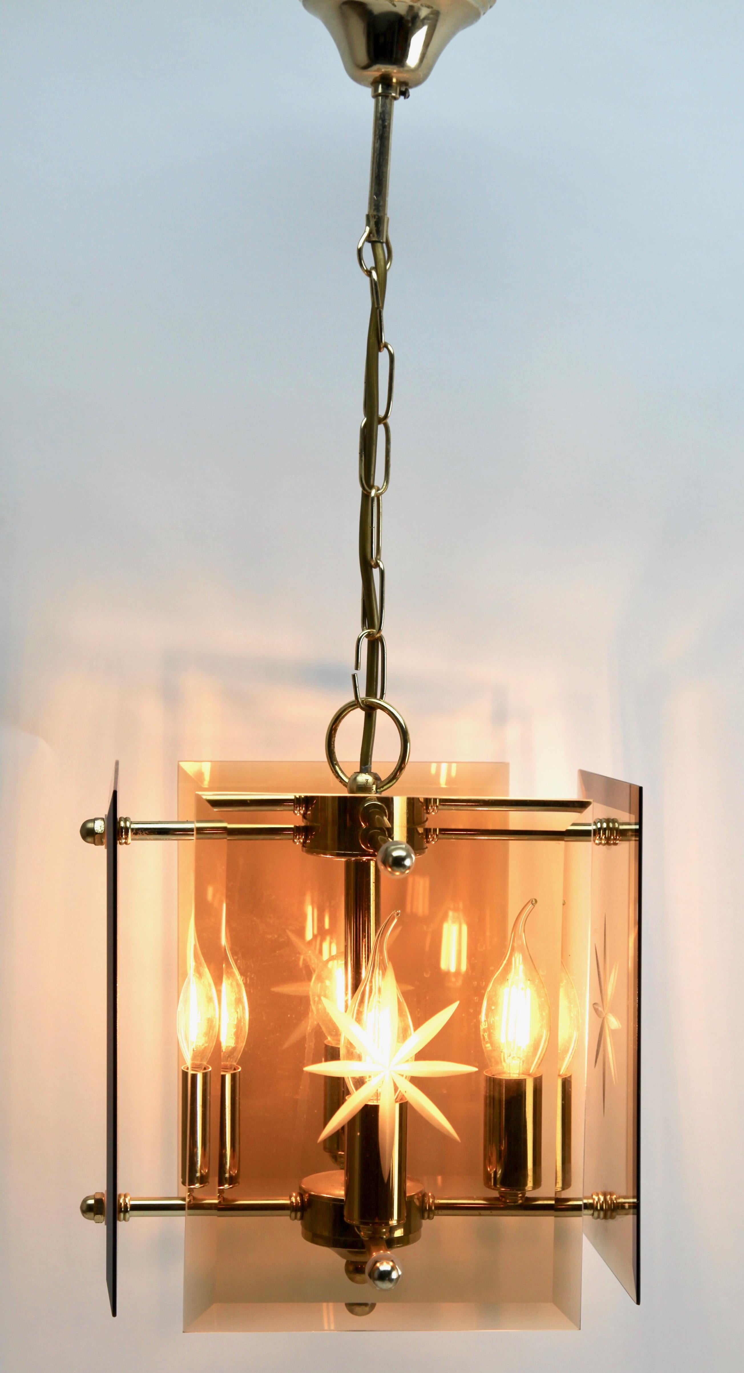 Belgian Cuboid Ceiling Center-Light with 4 Lamps Behind Bronzed Glass Panels For Sale