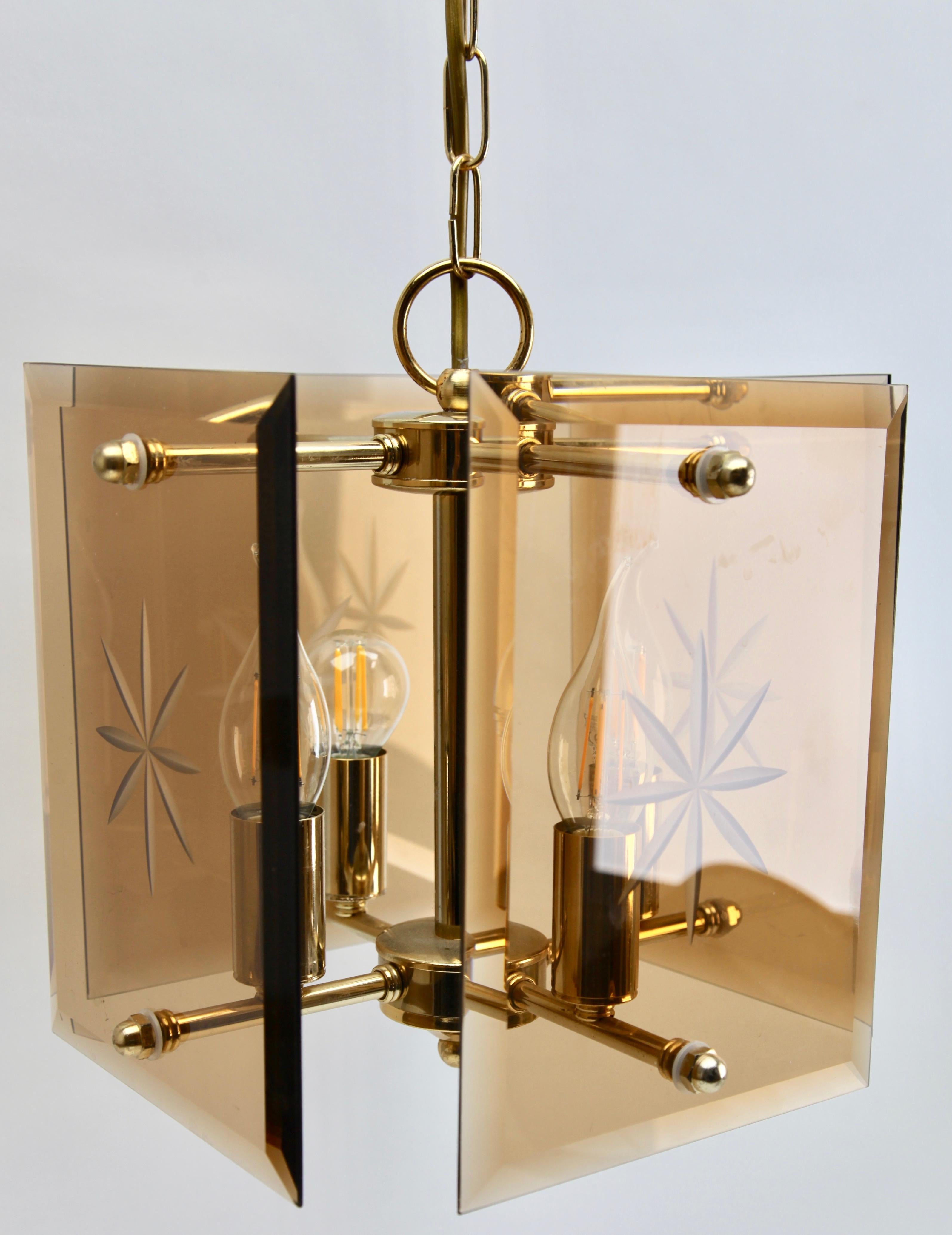 Machine-Made Cuboid Ceiling Center-Light with 4 Lamps Behind Bronzed Glass Panels For Sale