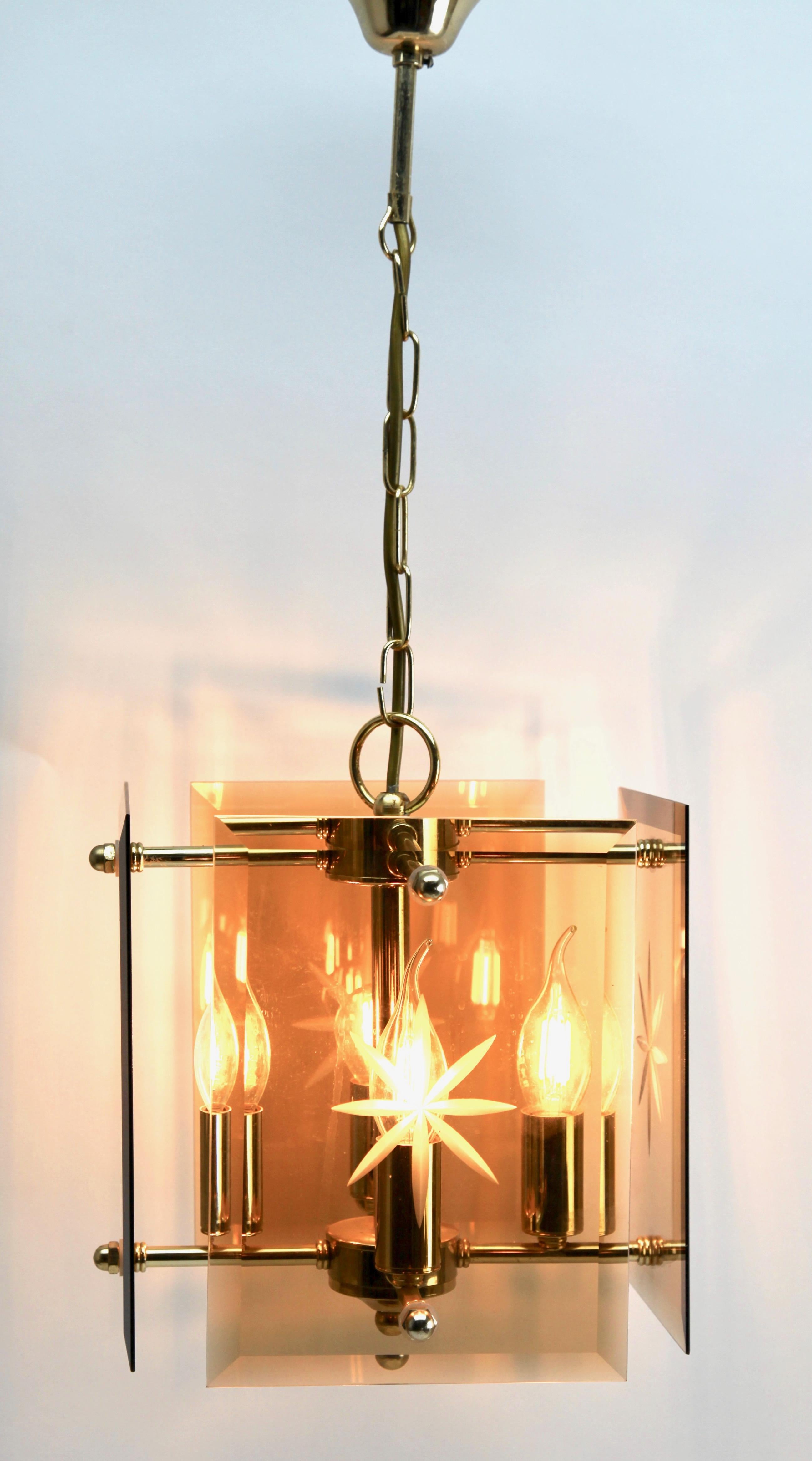 Late 20th Century Cuboid Ceiling Center-Light with 4 Lamps Behind Bronzed Glass Panels For Sale