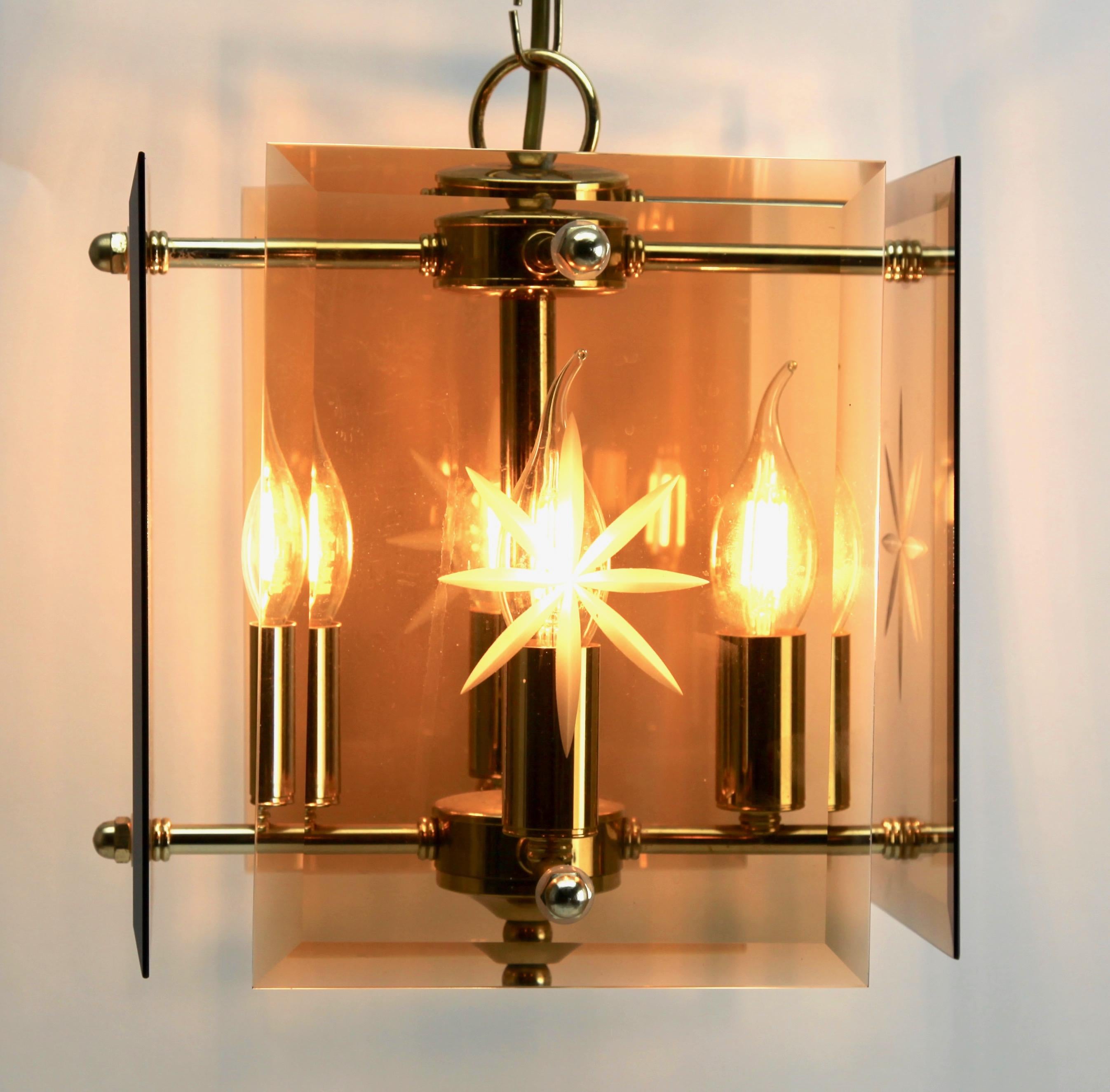 Brass Cuboid Ceiling Center-Light with 4 Lamps Behind Bronzed Glass Panels For Sale