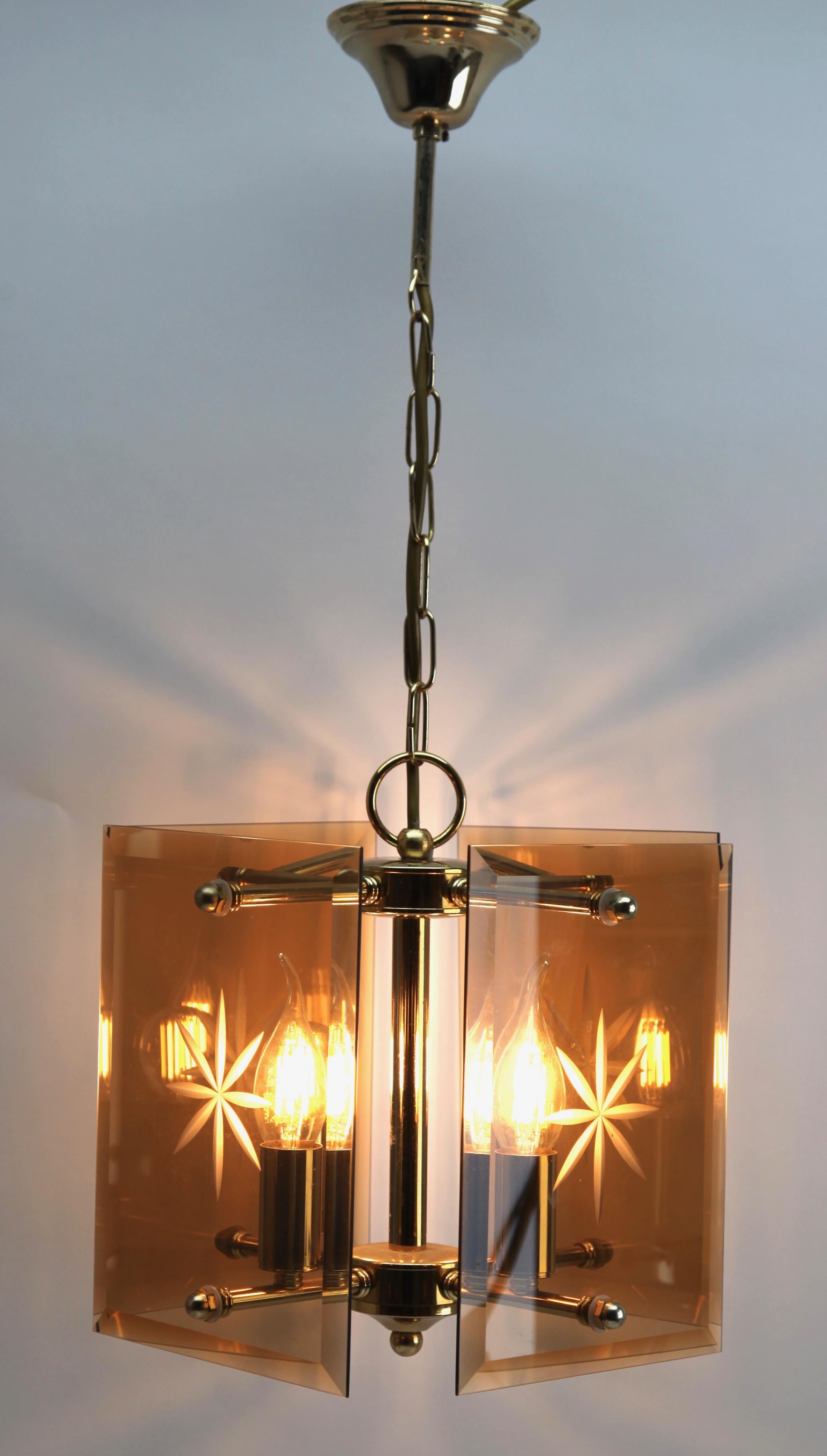 Cuboid Ceiling Center-Light with 4 Lamps Behind Bronzed Glass Panels For Sale 1