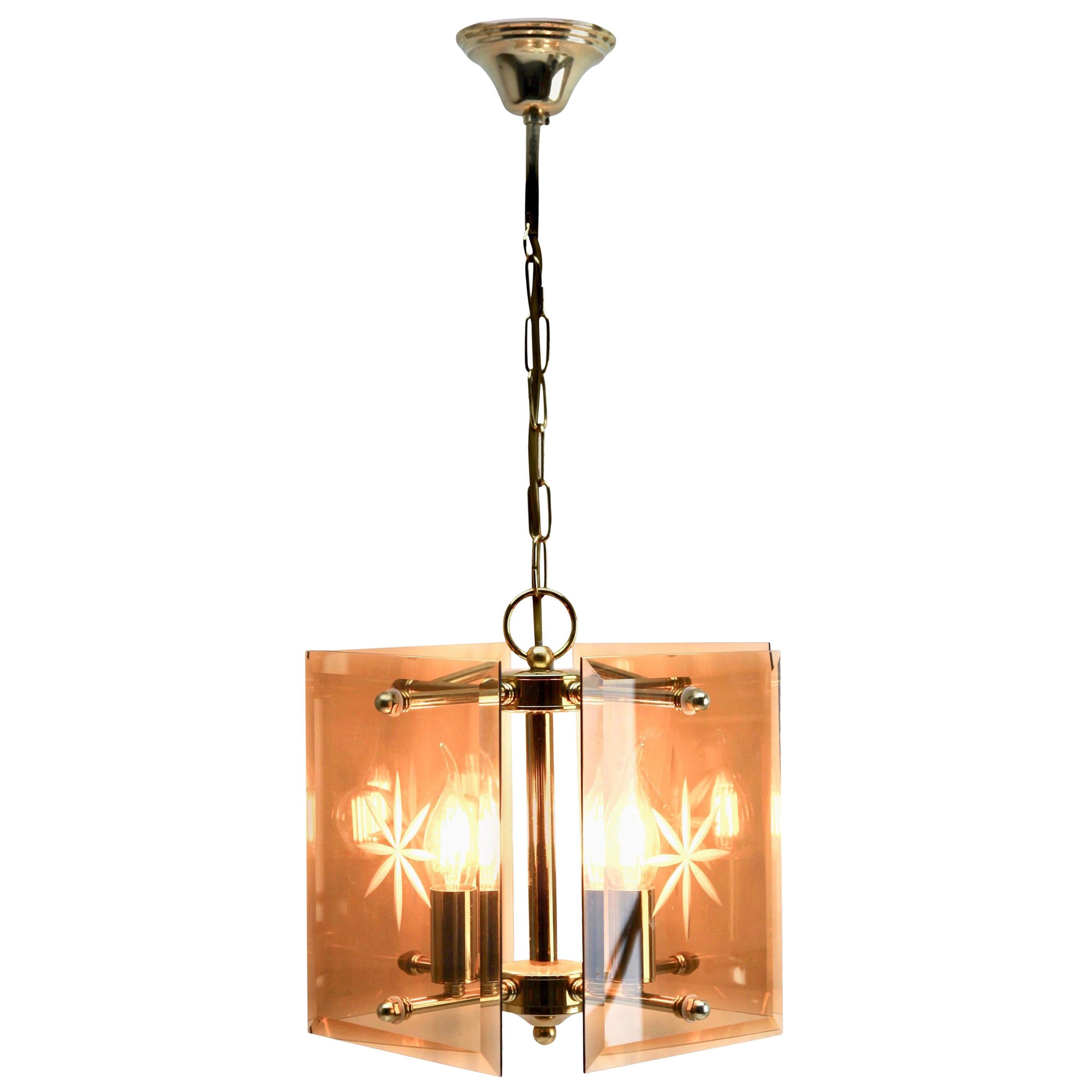 Cuboid Ceiling Center-Light with 4 Lamps Behind Bronzed Glass Panels For Sale