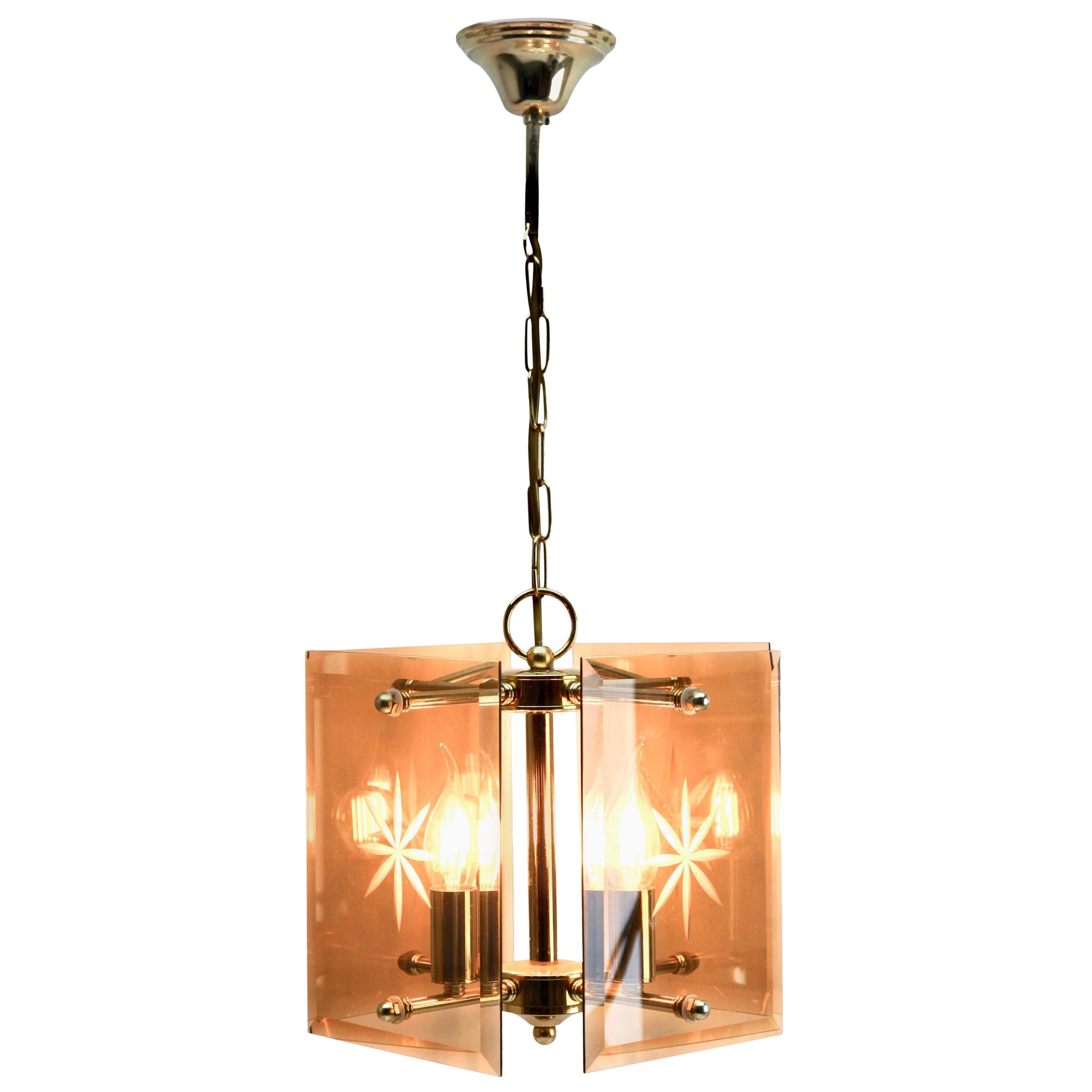 Cuboid Ceiling Center-Light with 4 Lamps Behind Bronzed Glass Panels