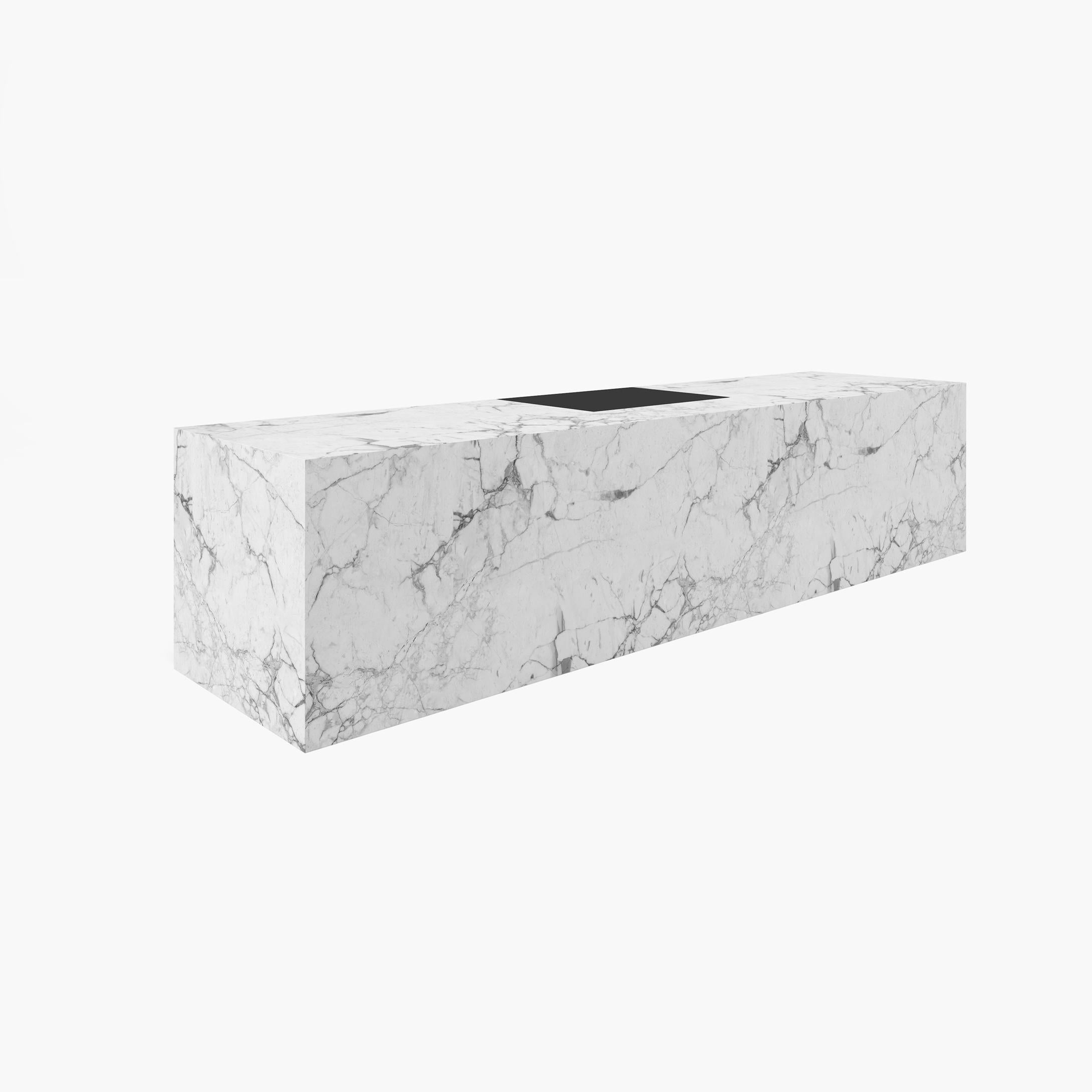 Contemporary Cuboid Desk, White Marble, 400x75x75cm Leather Drawer, Germany Handcrafted pc1/1 For Sale