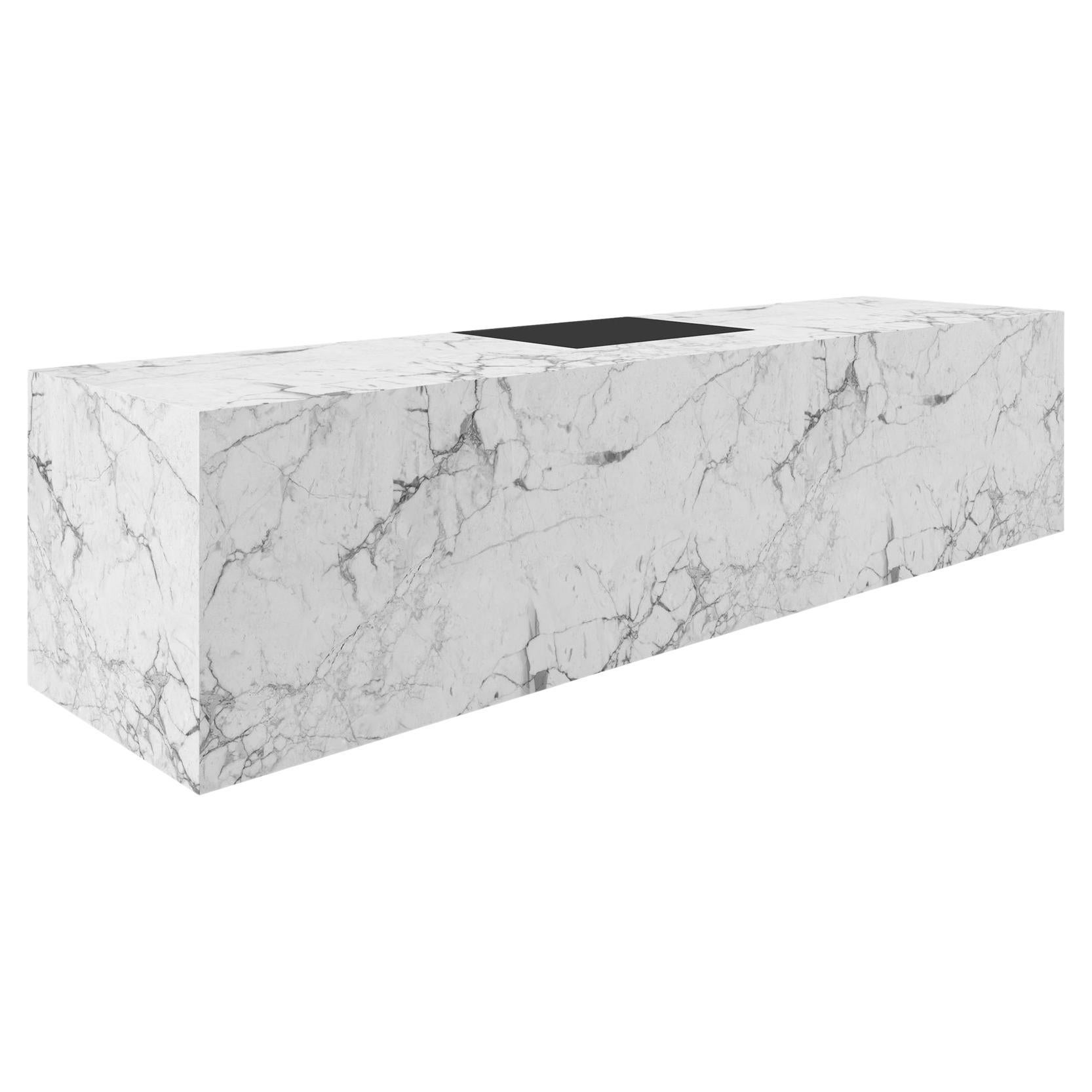 Cuboid Desk, White Marble, 400x75x75cm Leather Drawer, Germany Handcrafted pc1/1 For Sale