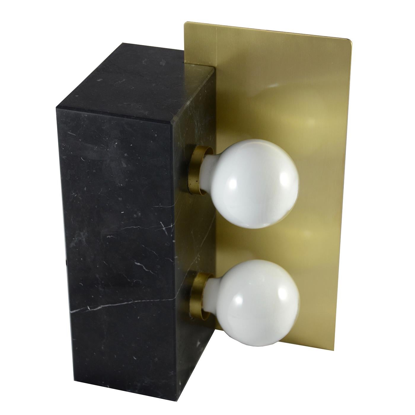 Italian Cubus in Satin Marquinha Marble and Satin Brass Table Lamp For Sale