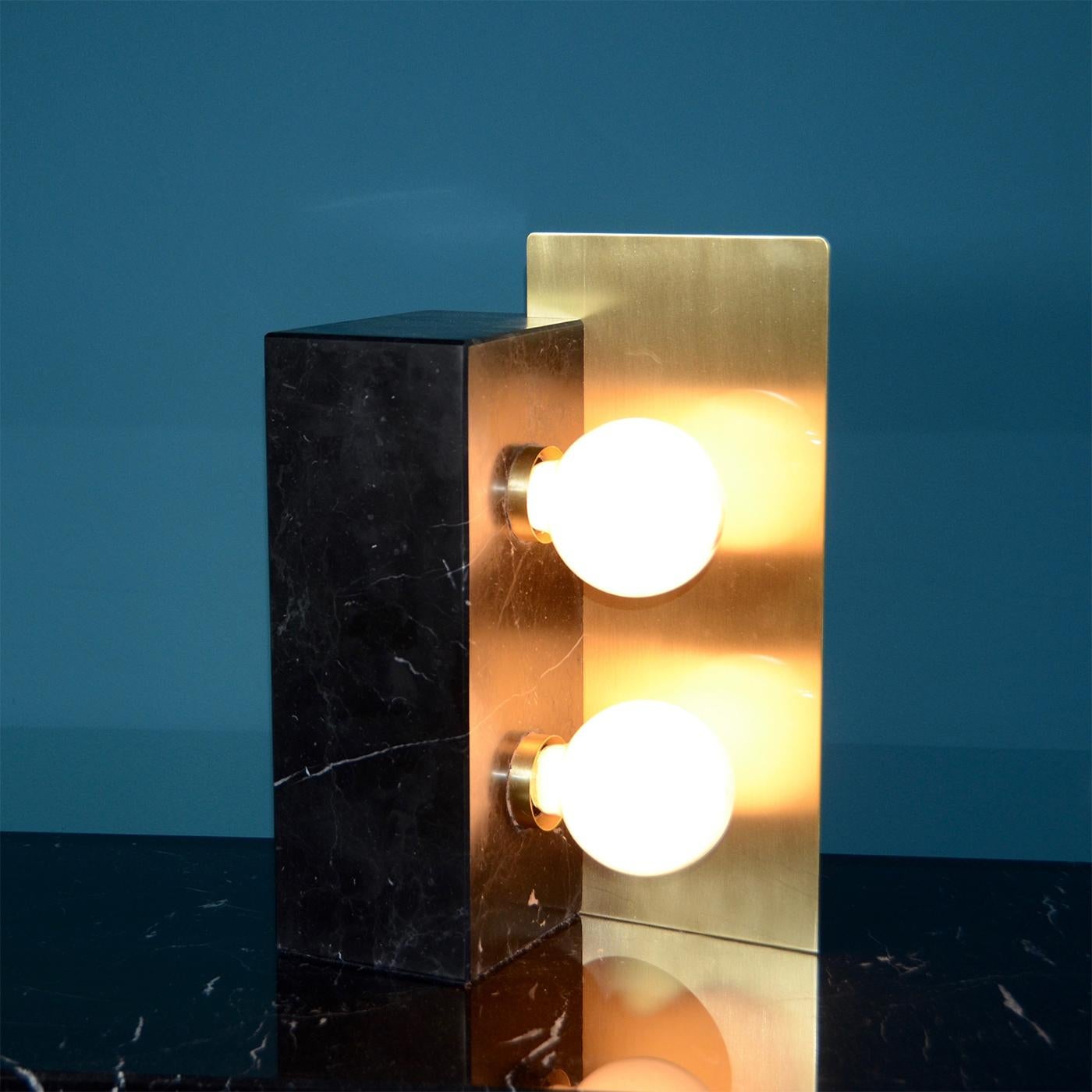 Contemporary Cubus in Satin Marquinha Marble and Satin Brass Table Lamp For Sale