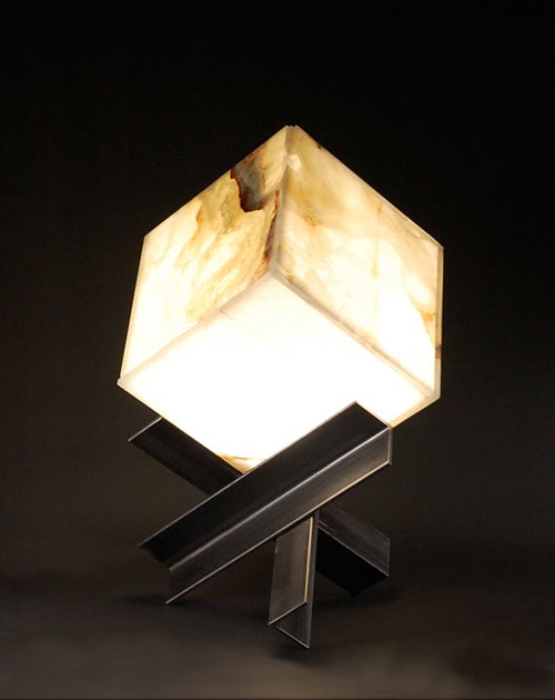 French 'Cubyx' Sculptural Onyx and Blackened Steel Lamp For Sale