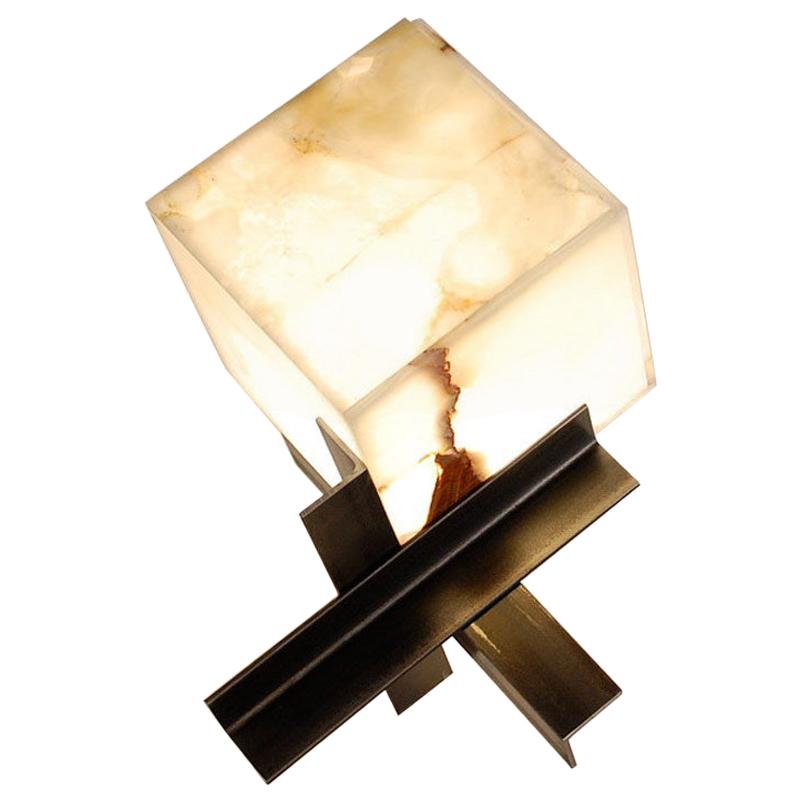 'Cubyx' Sculptural Onyx and Blackened Steel Lamp For Sale