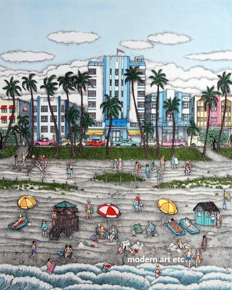 Cuca Romley Landscape Painting - Etching - South Beach, Miami, Florida