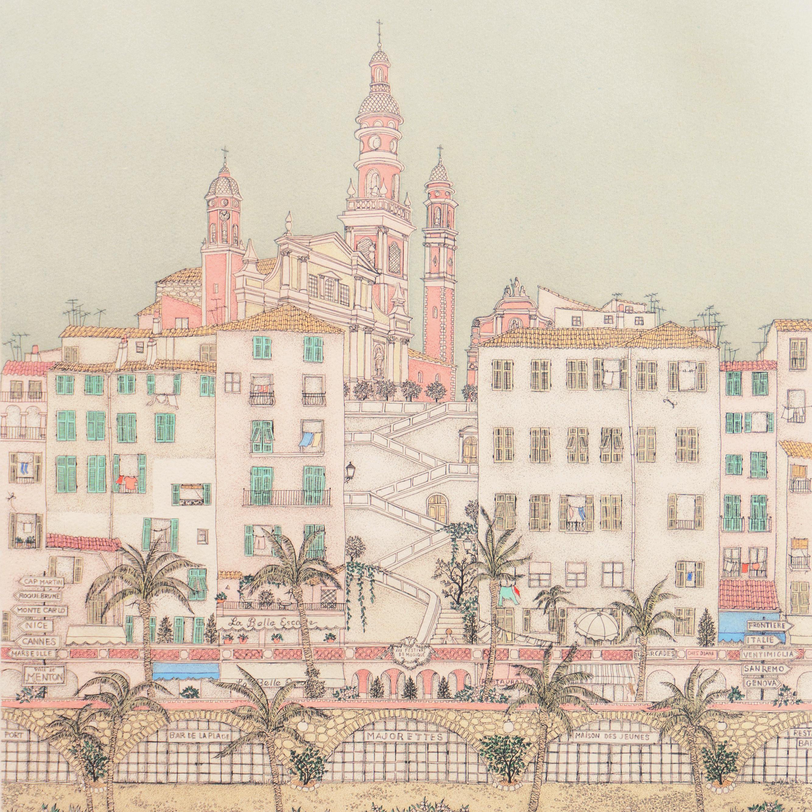 Signed, lower right, in pencil, 'Cuca Romley' (Spanish, born 1933), titled 'Plage de Menton' lower center and inscribed, lower left, with number and limitation, '77/175'. 

An elegant view of this famous resort town in the South of France with