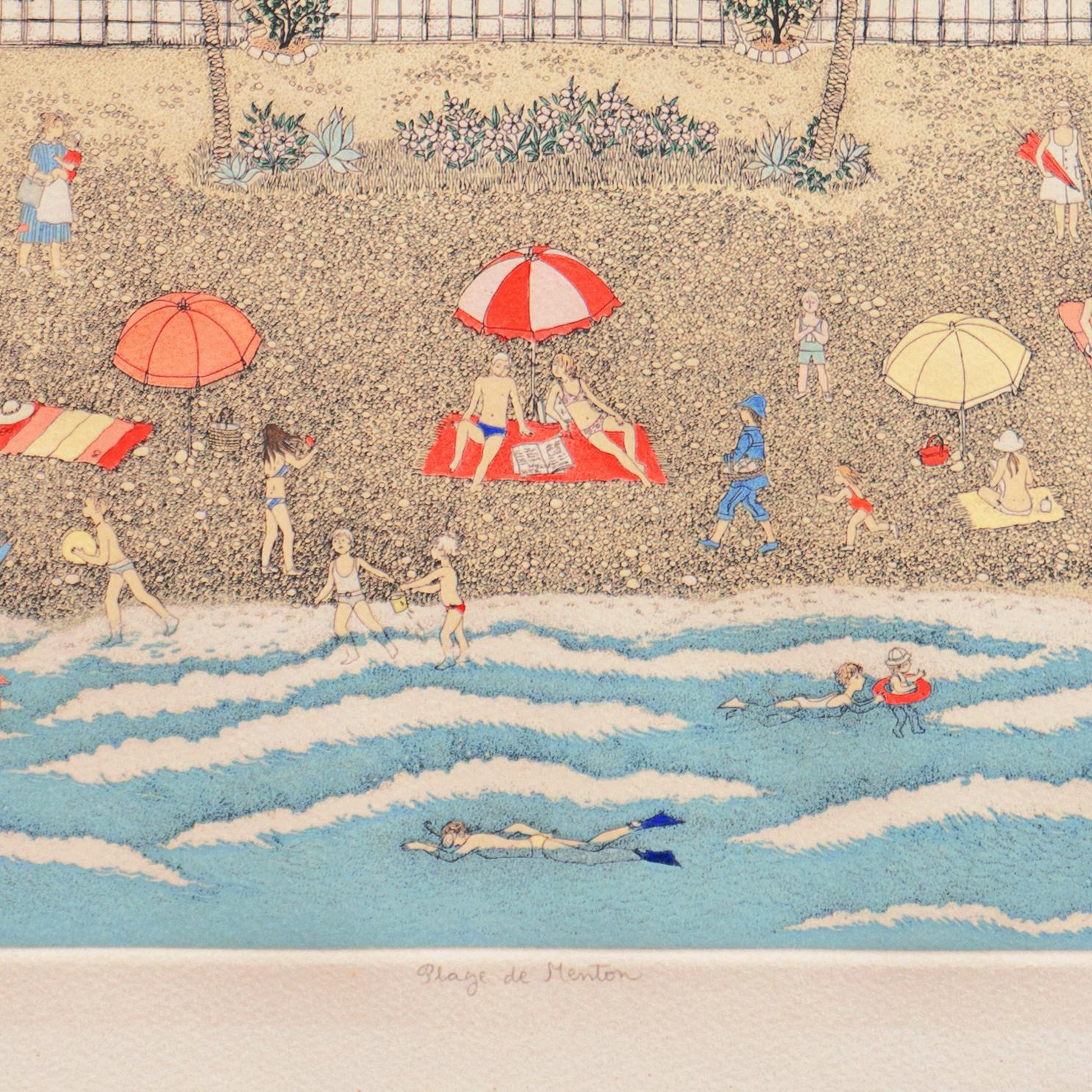 Signed, lower right, in pencil, 'Cuca Romley' (Spanish, born 1933), titled 'Plage de Menton' lower center and inscribed, lower left, with number and limitation, '77/175'. 

An elegant view of this famous resort town in the South of France with