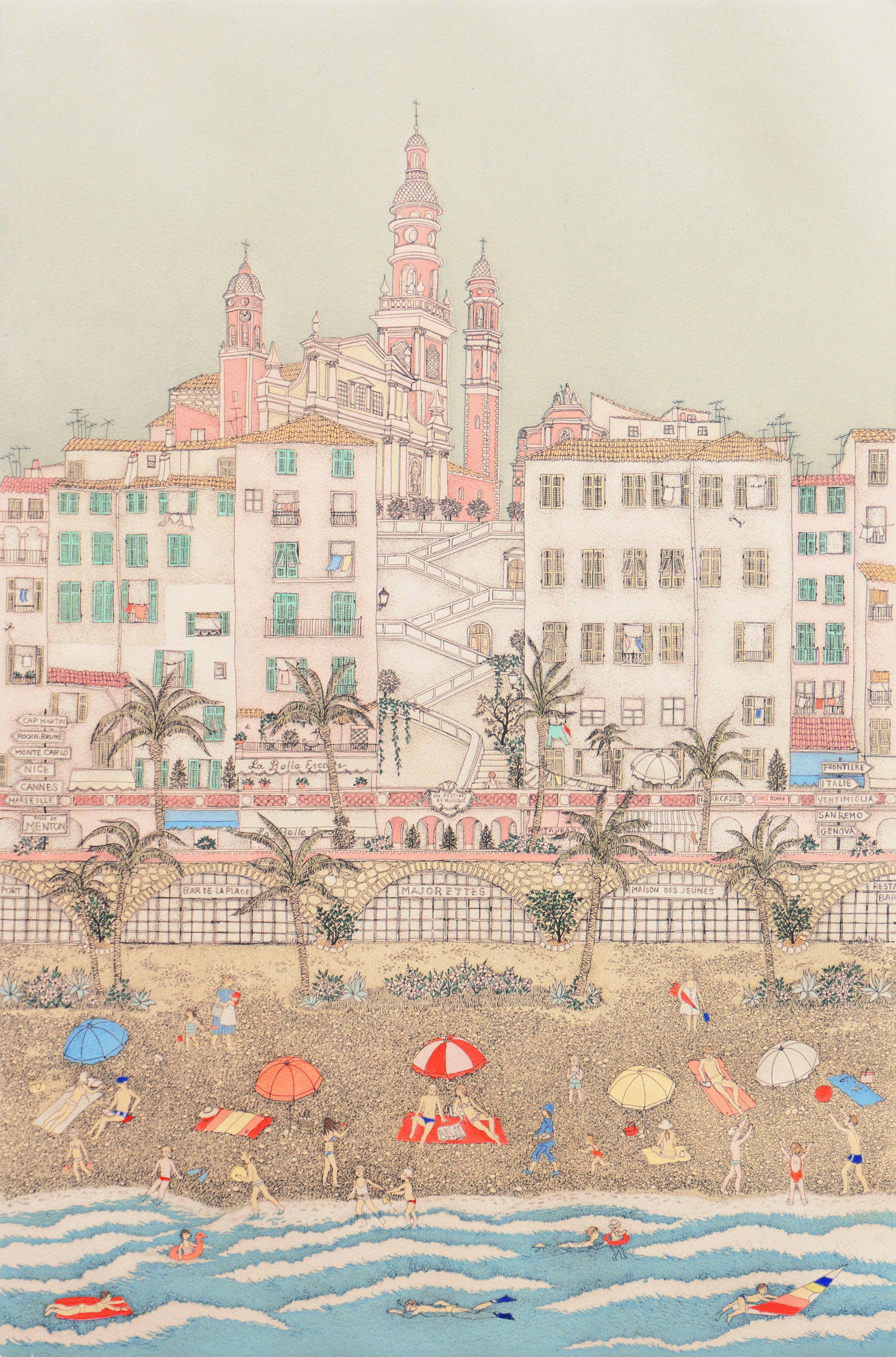 Cuca Romley Landscape Print - 'Beach at Menton', Paris, Ecole des Beaux-Arts, New York, Woman Artist, Madrid