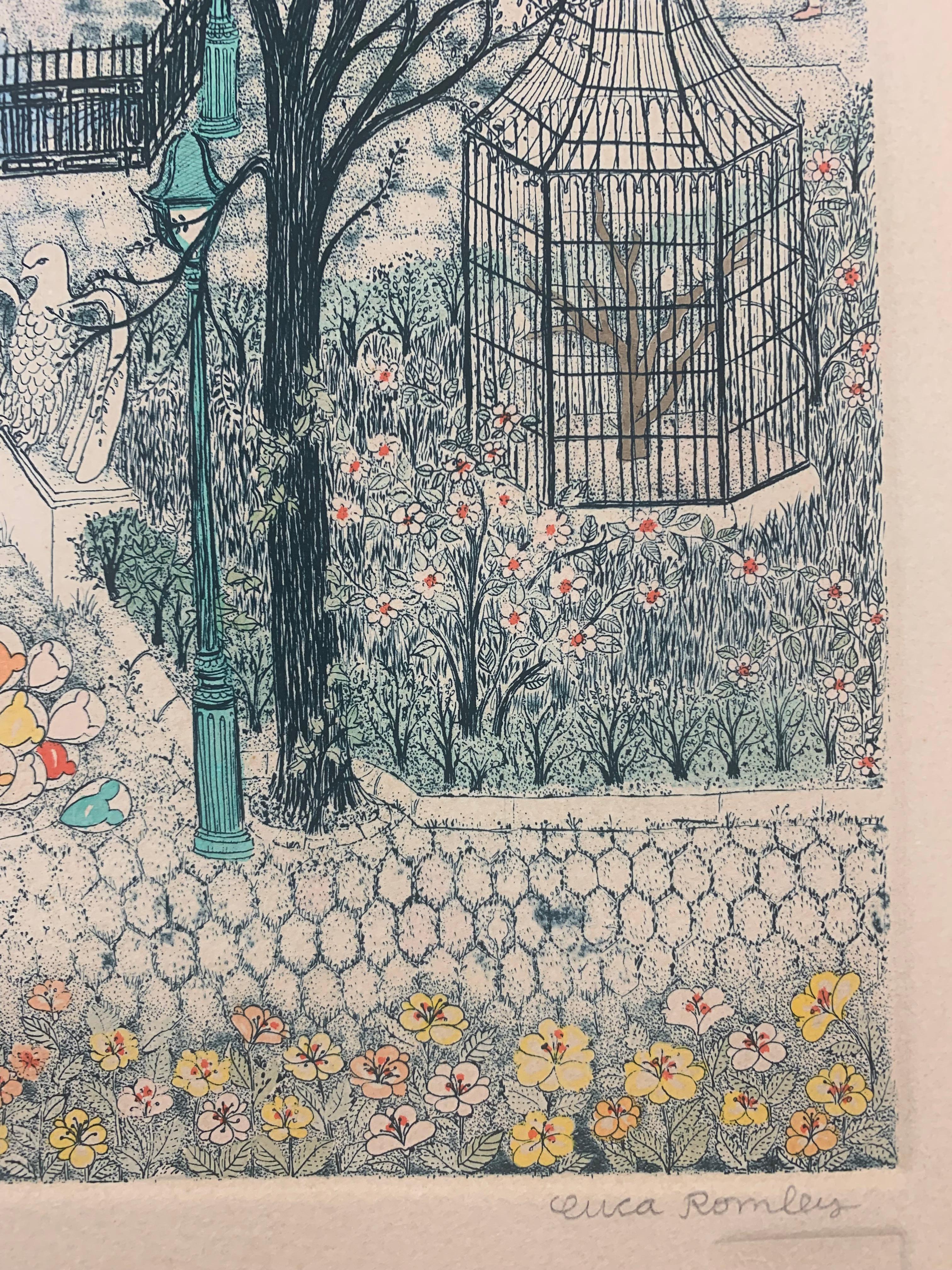 Central Park Zoo, New York City, limitierte Auflage einer handkolorierten Radierung – Painting von Cuca Romley