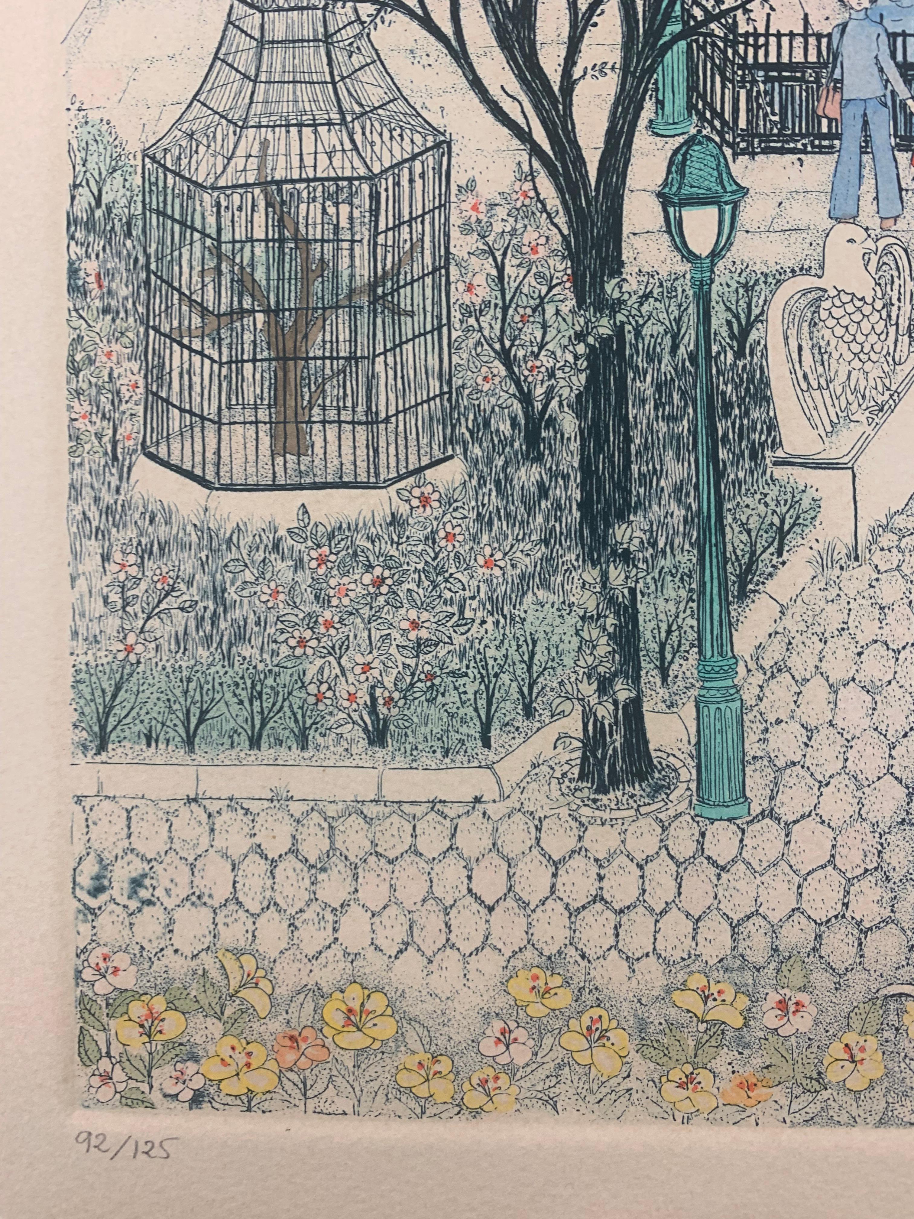 Central Park Zoo, New York City, limitierte Auflage einer handkolorierten Radierung (Moderne), Painting, von Cuca Romley