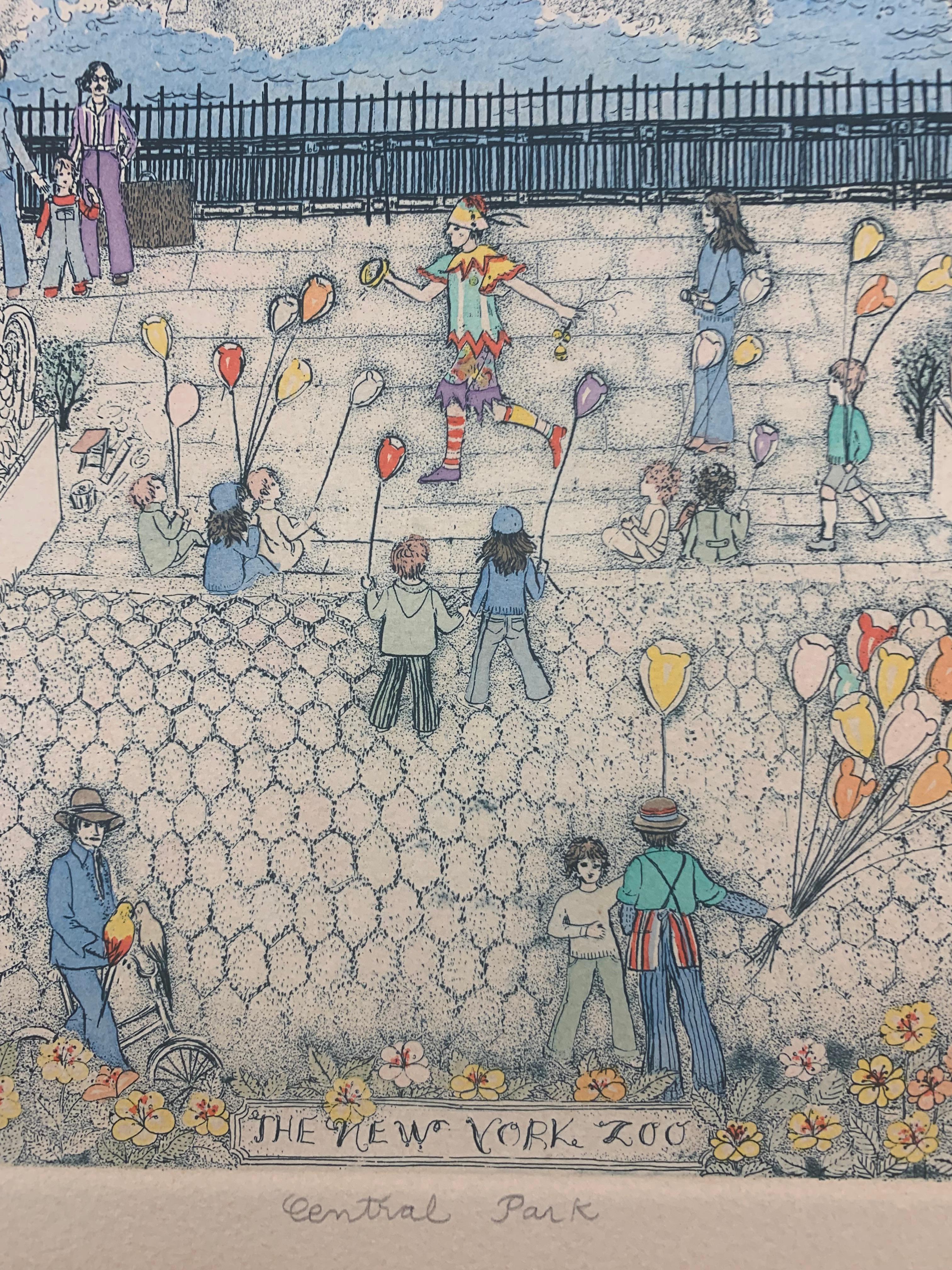 Central Park Zoo, New York City, limitierte Auflage einer handkolorierten Radierung (Grau), Landscape Painting, von Cuca Romley
