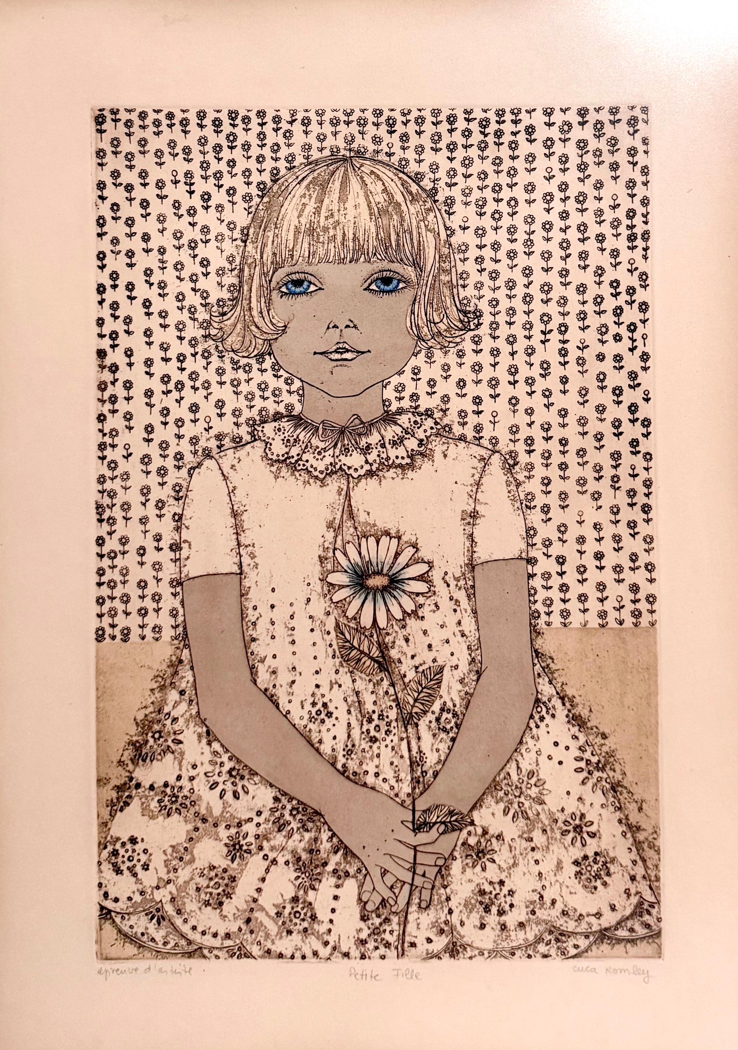 Handkolorierte Radierung Cuca Romley Naive Volkskunst Junges Mädchen Zeitraum Rahmen im Angebot 1