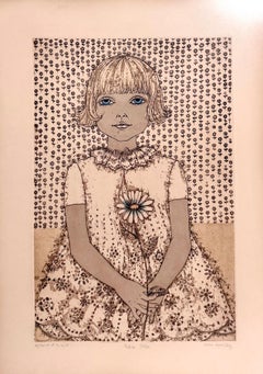 Acquaforte colorata a mano Cuca Romley Arte popolare naif Giovane ragazza Periodo Cornice